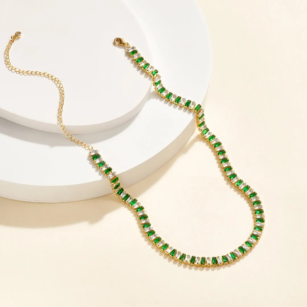14K Gold Diamond Tennis Necklace CZ Baguette Tennis Chain- Green White CZ
