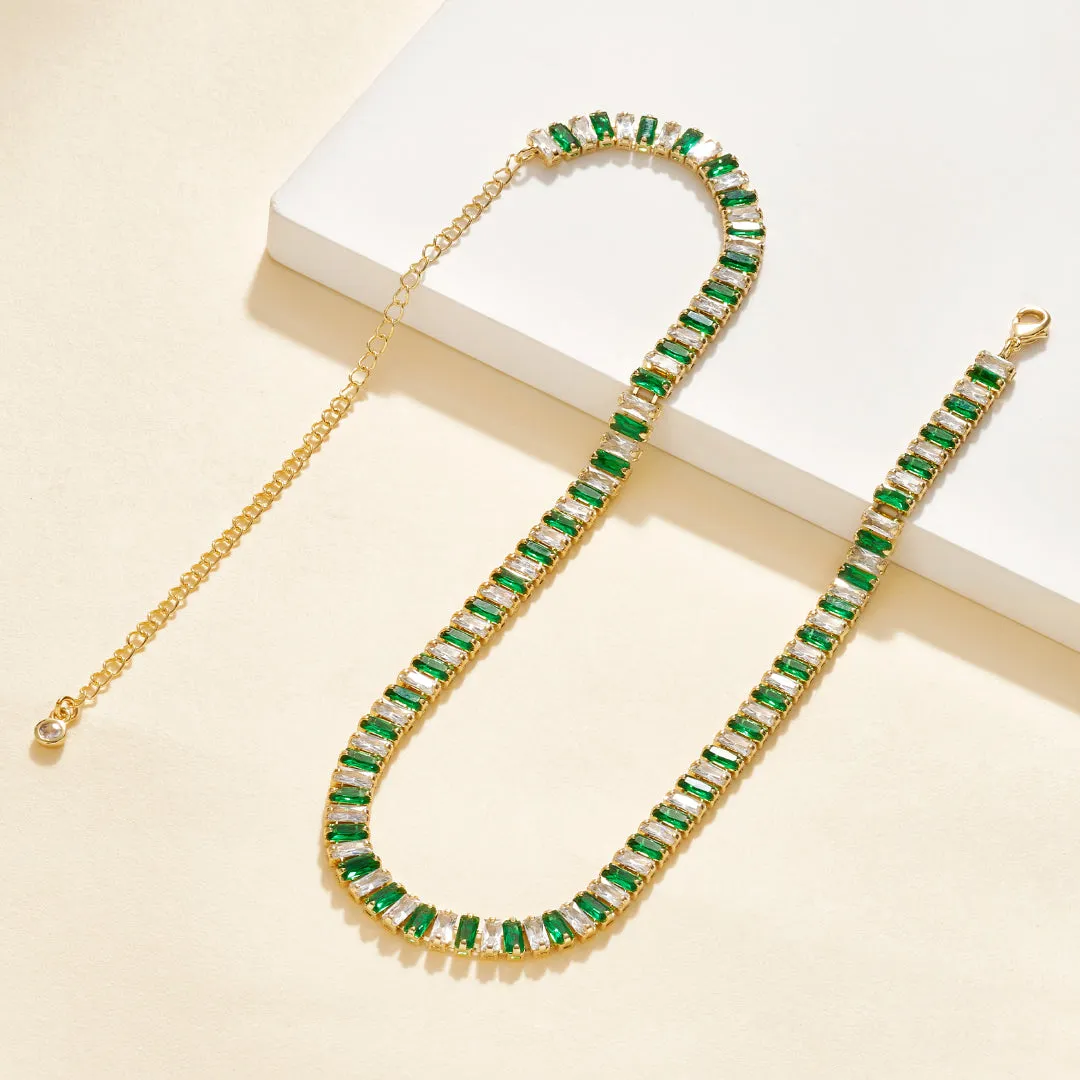 14K Gold Diamond Tennis Necklace CZ Baguette Tennis Chain- Green White CZ