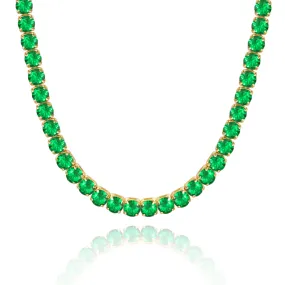 14K Gold Diamond Tennis Necklace CZ Baguette Tennis Chain- Round Green CZ