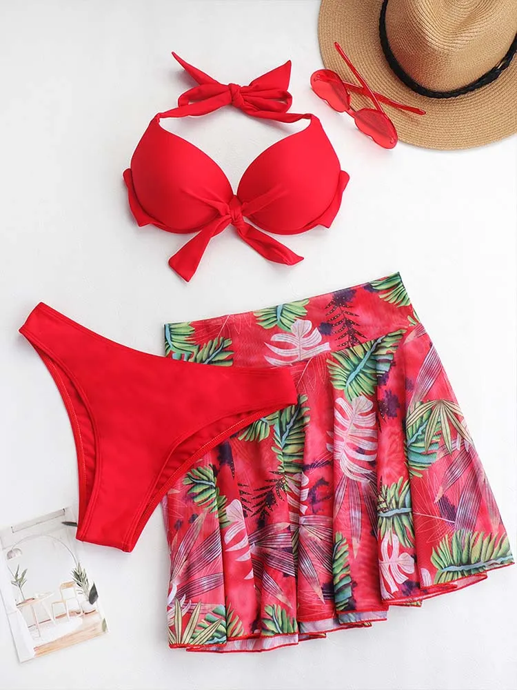 3pack Plant Print Halter Bikini Swimsuit & Skirt