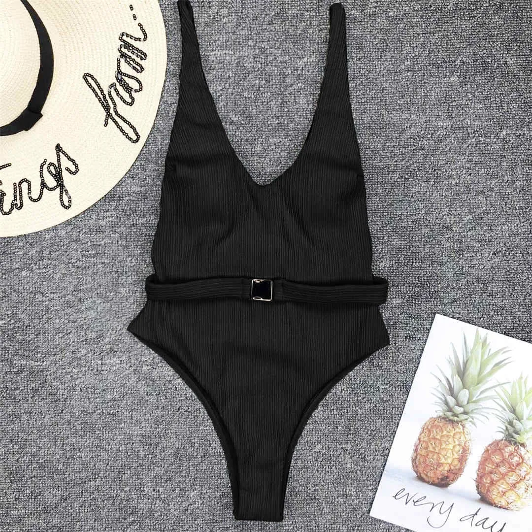 6 Colors Sexy Women Swimwear Ribbed High Cut One Piece Swimsuit Female Bather With Belt Bathing Suit Swim Monokini Lady V1159