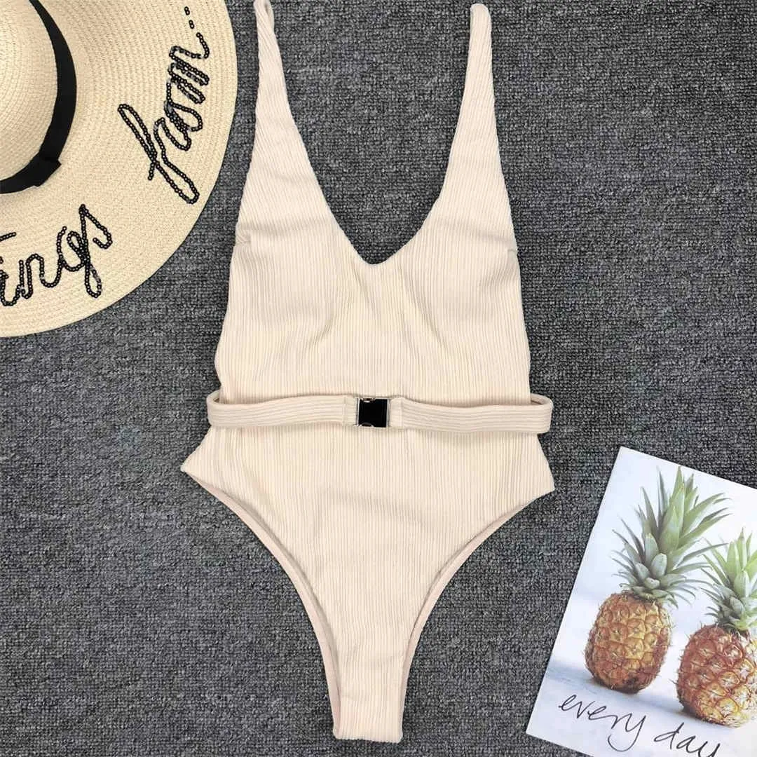 6 Colors Sexy Women Swimwear Ribbed High Cut One Piece Swimsuit Female Bather With Belt Bathing Suit Swim Monokini Lady V1159