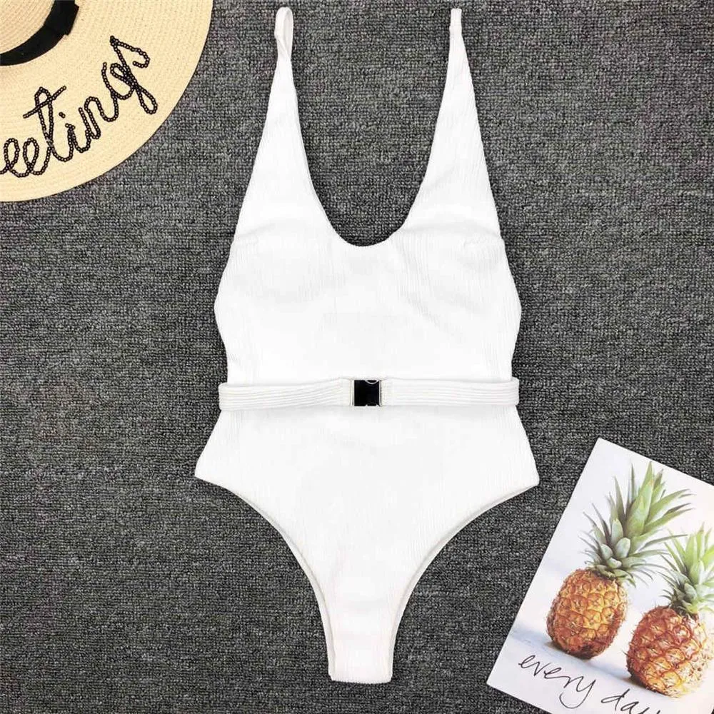 6 Colors Sexy Women Swimwear Ribbed High Cut One Piece Swimsuit Female Bather With Belt Bathing Suit Swim Monokini Lady V1159