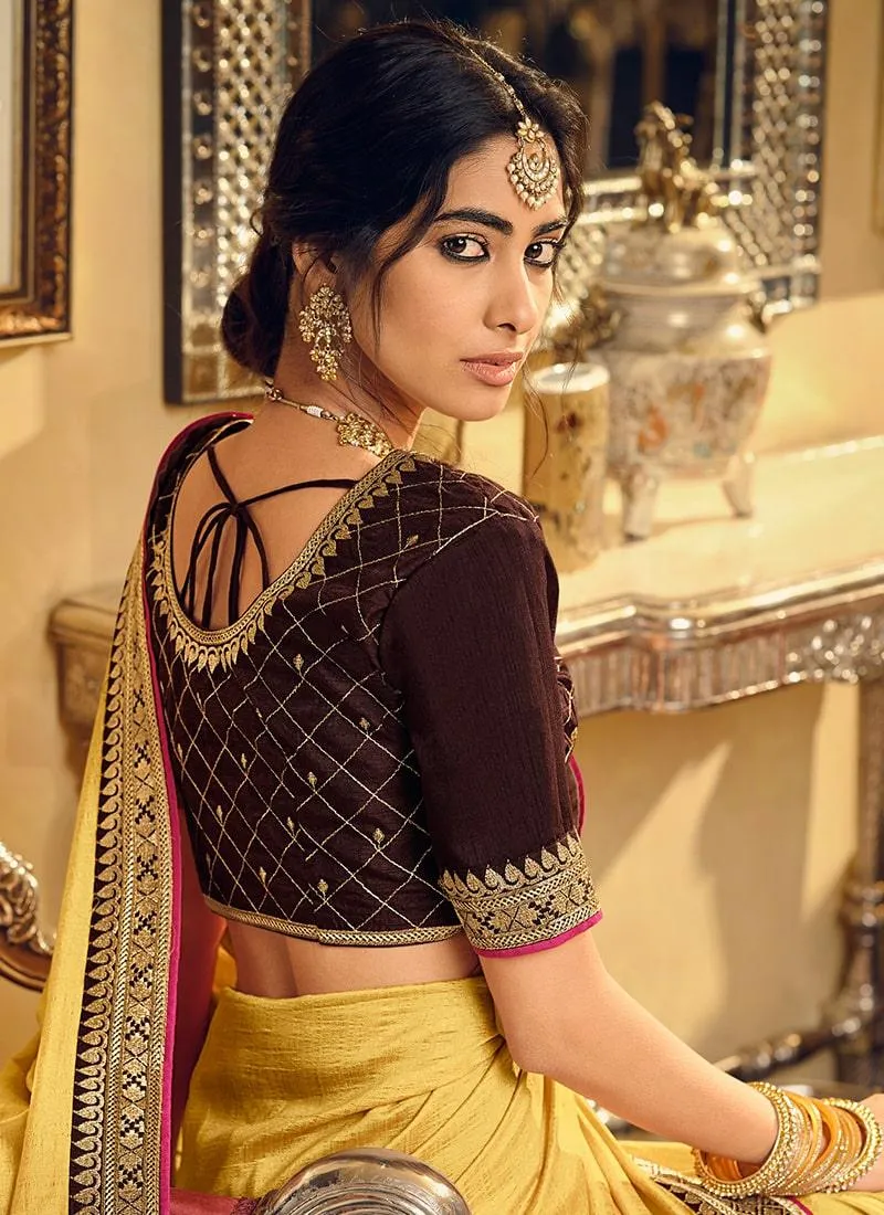 Art Silk Material Yellow Color Laced Border Half And Half Saree