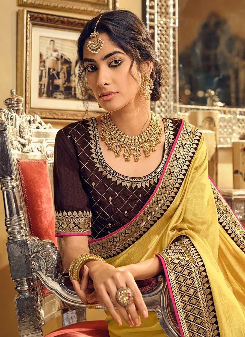 Art Silk Material Yellow Color Laced Border Half And Half Saree