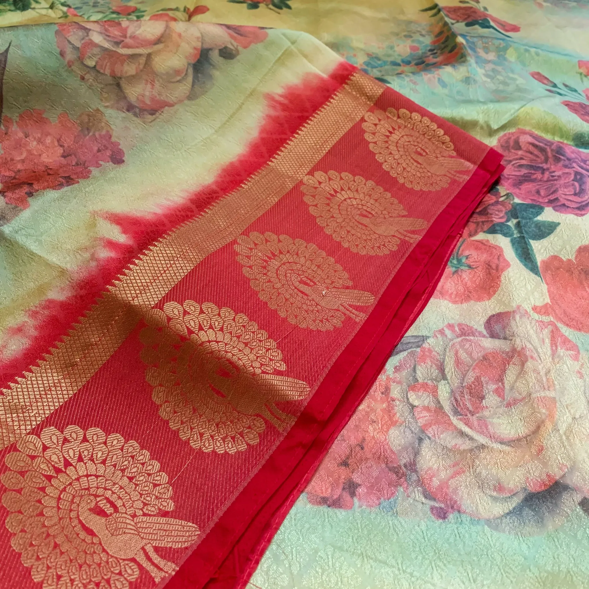 Beautiful Latest Designer Digital Floral Print Fancy Silk Saree