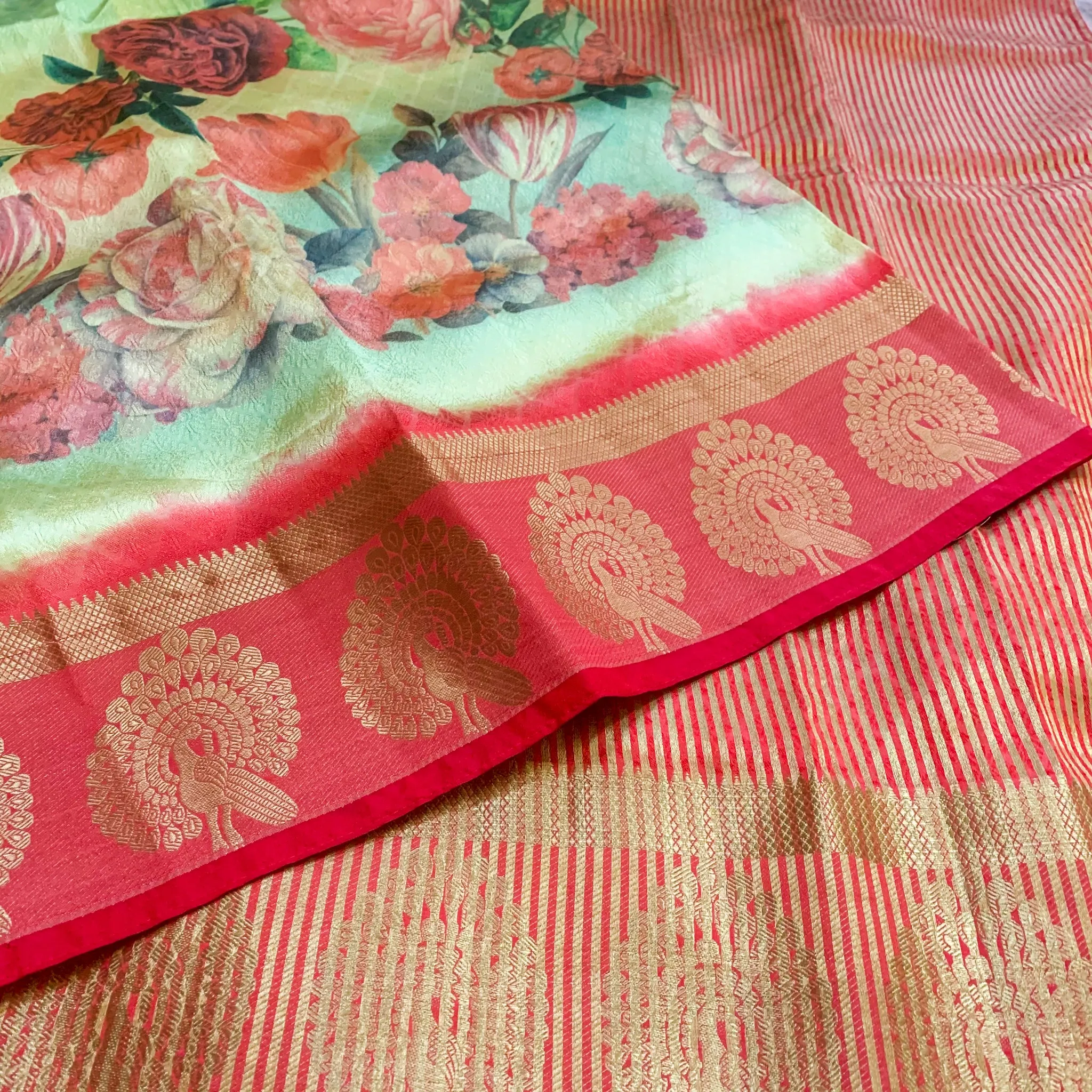 Beautiful Latest Designer Digital Floral Print Fancy Silk Saree