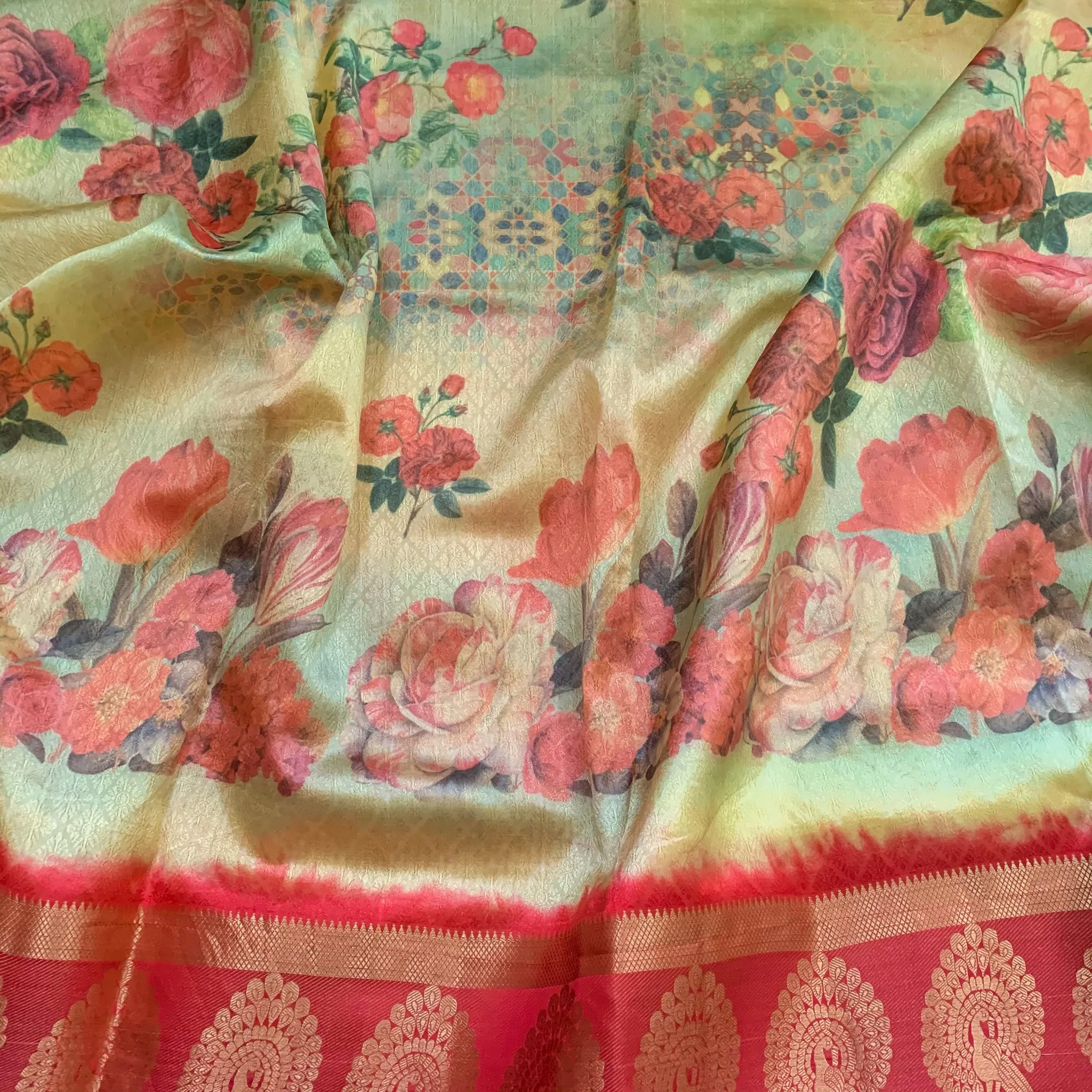 Beautiful Latest Designer Digital Floral Print Fancy Silk Saree