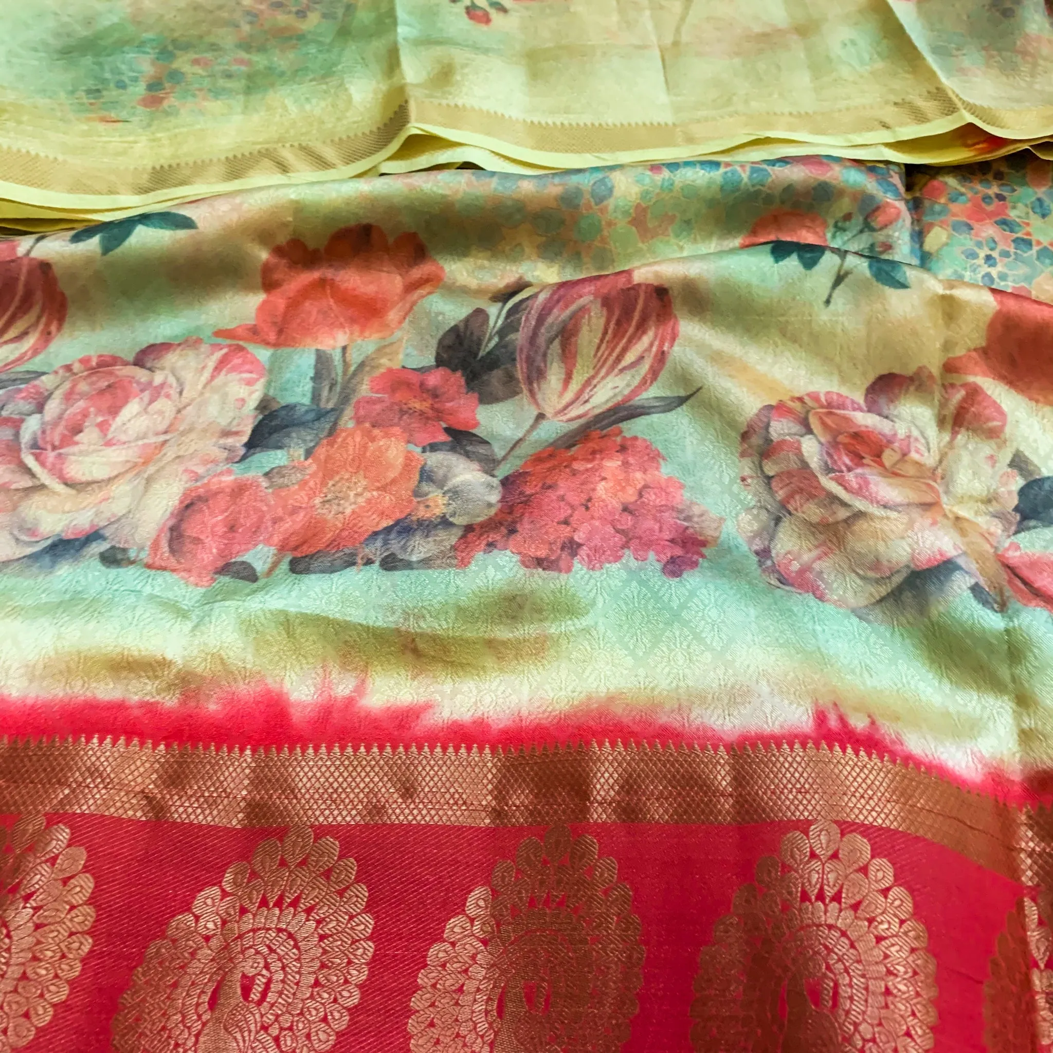 Beautiful Latest Designer Digital Floral Print Fancy Silk Saree