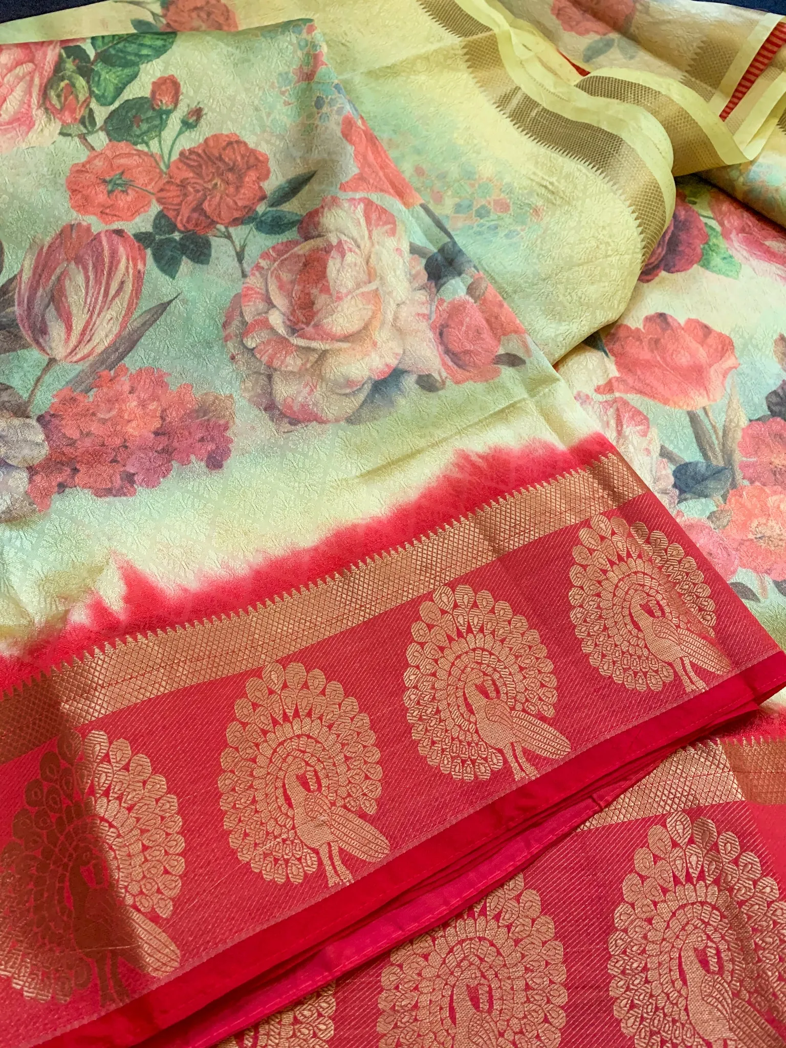 Beautiful Latest Designer Digital Floral Print Fancy Silk Saree