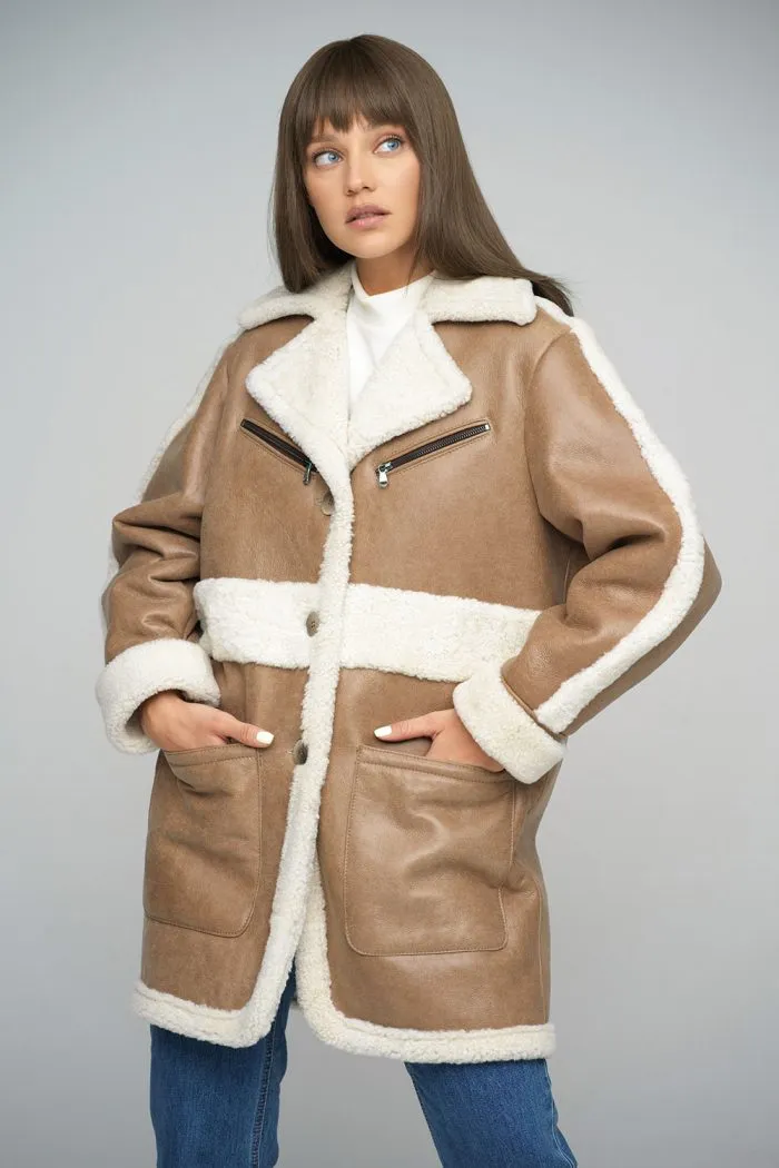 Premium Beige Sheepskin Leather Bomber Jacket