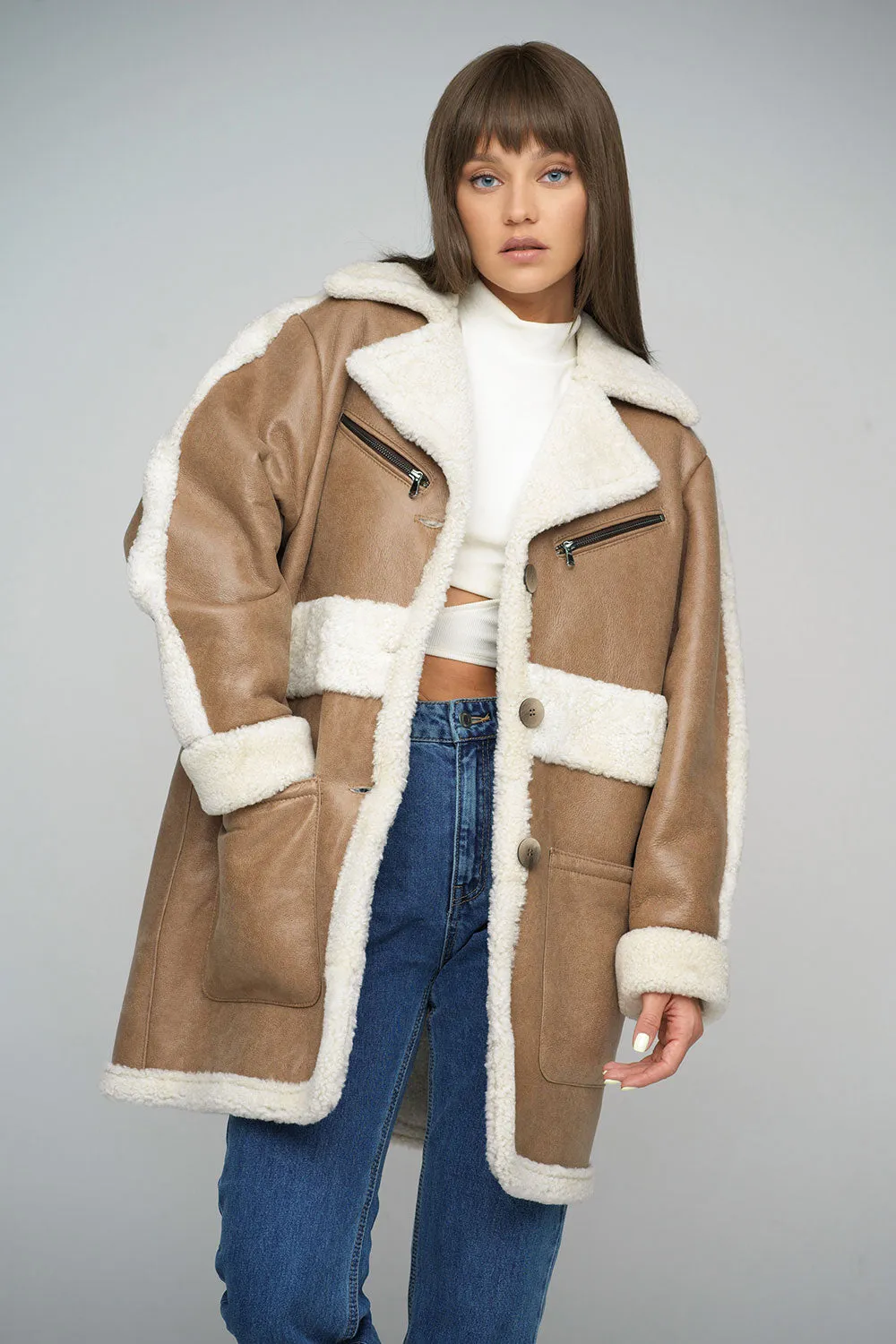 Premium Beige Sheepskin Leather Bomber Jacket