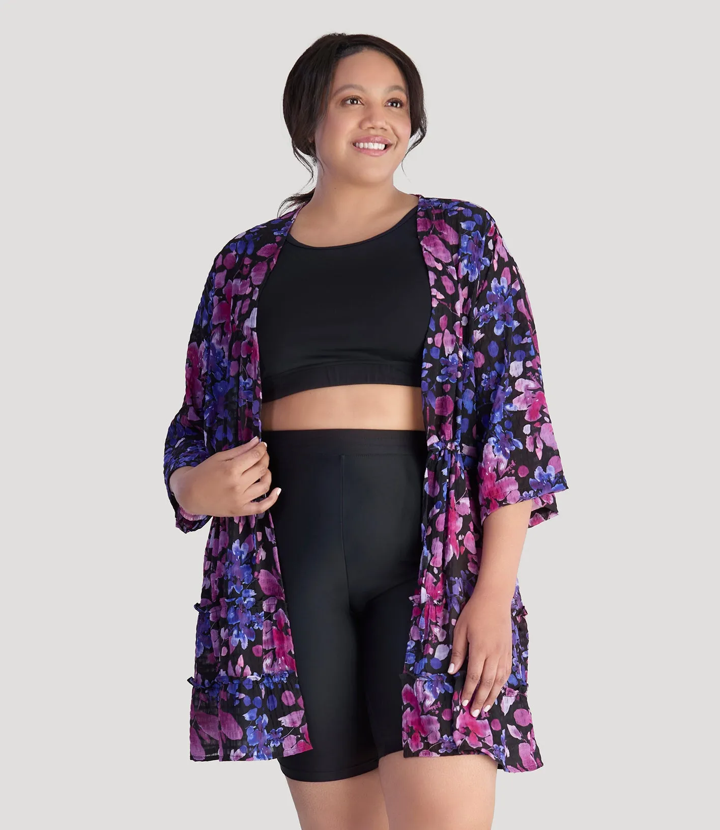 BellaStyle Tie Front Tiered Cover-Up Floral Elegance Print