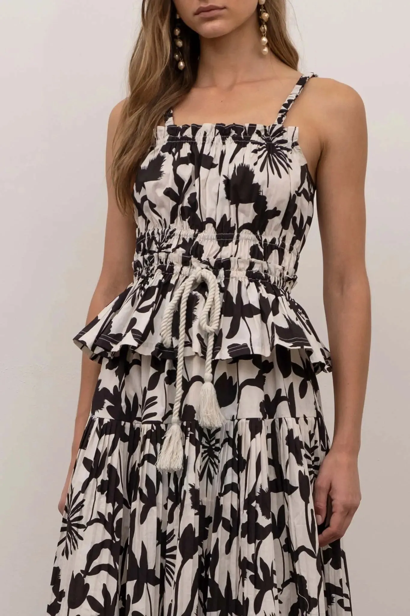Black and Ivory Tassel Shirred Top