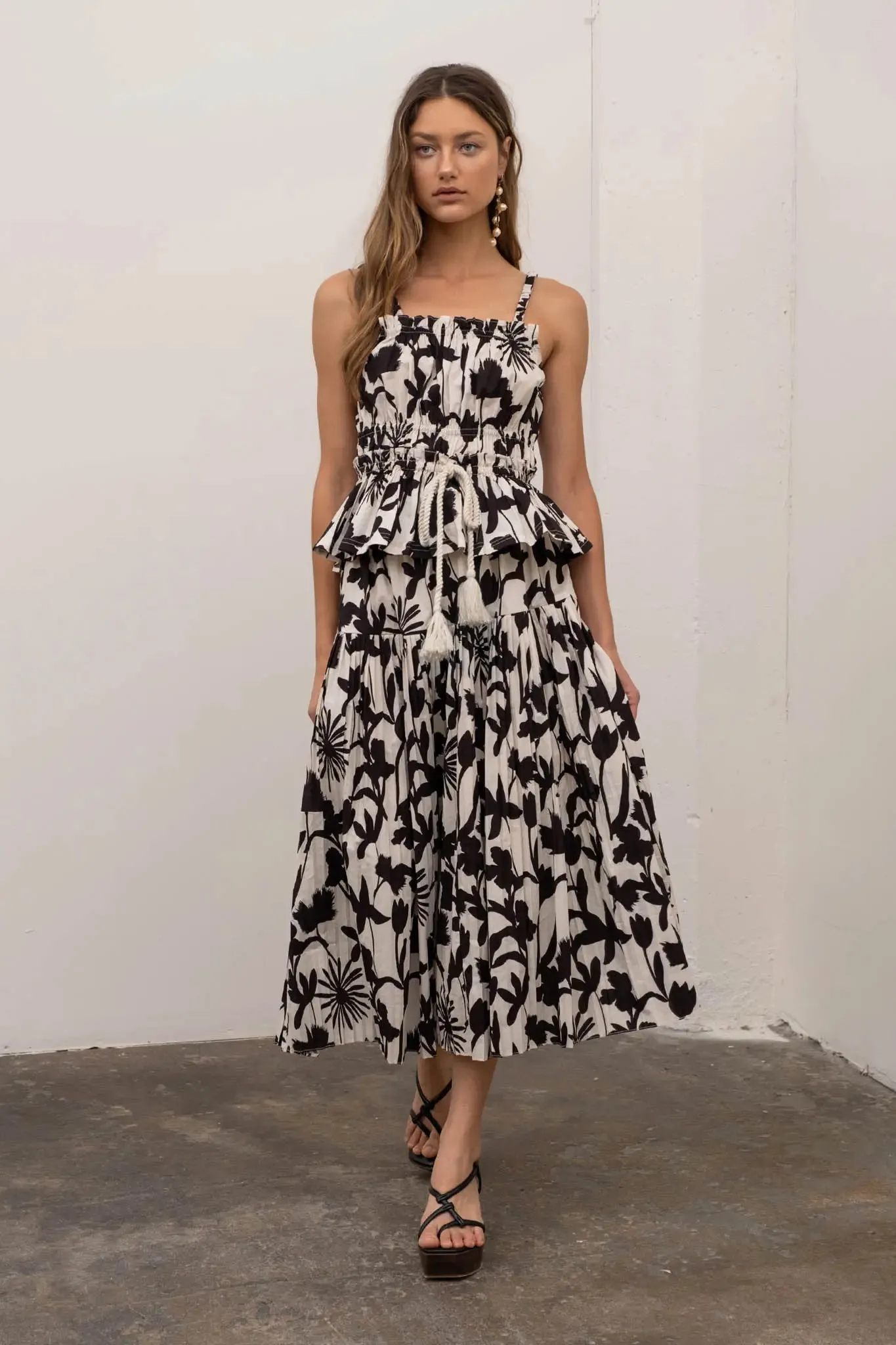 Black and Ivory Tassel Shirred Top