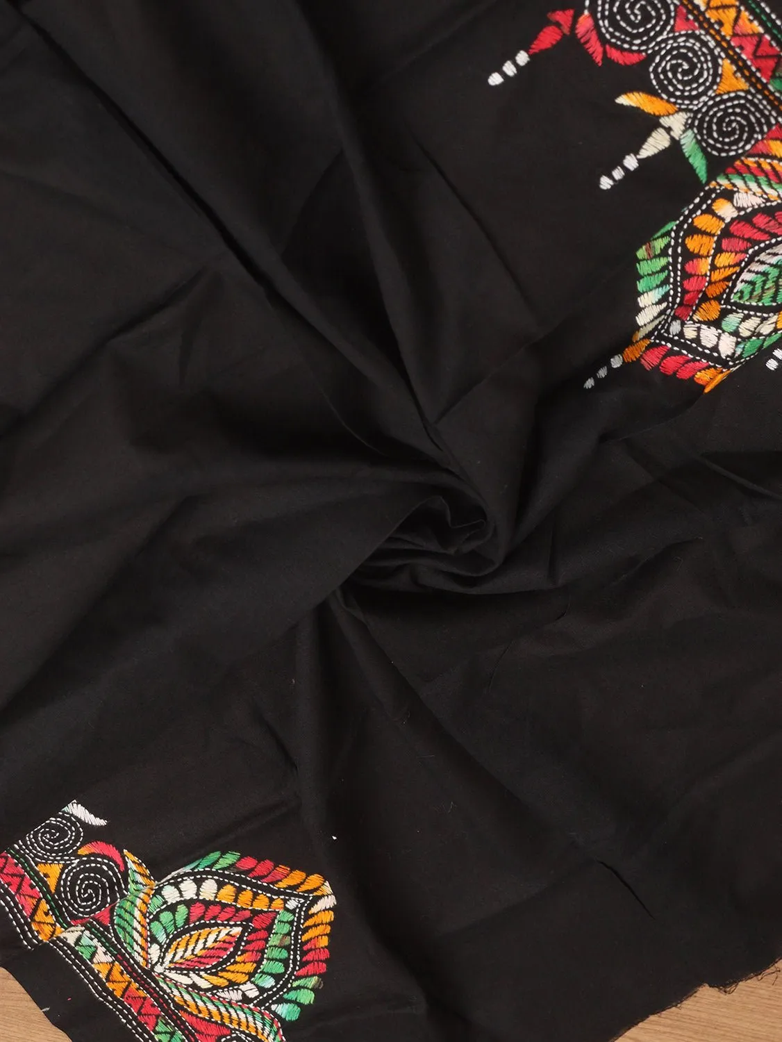 Black Embroidered Kantha Cotton Blouse Piece Fabric ( 1 Mtr )