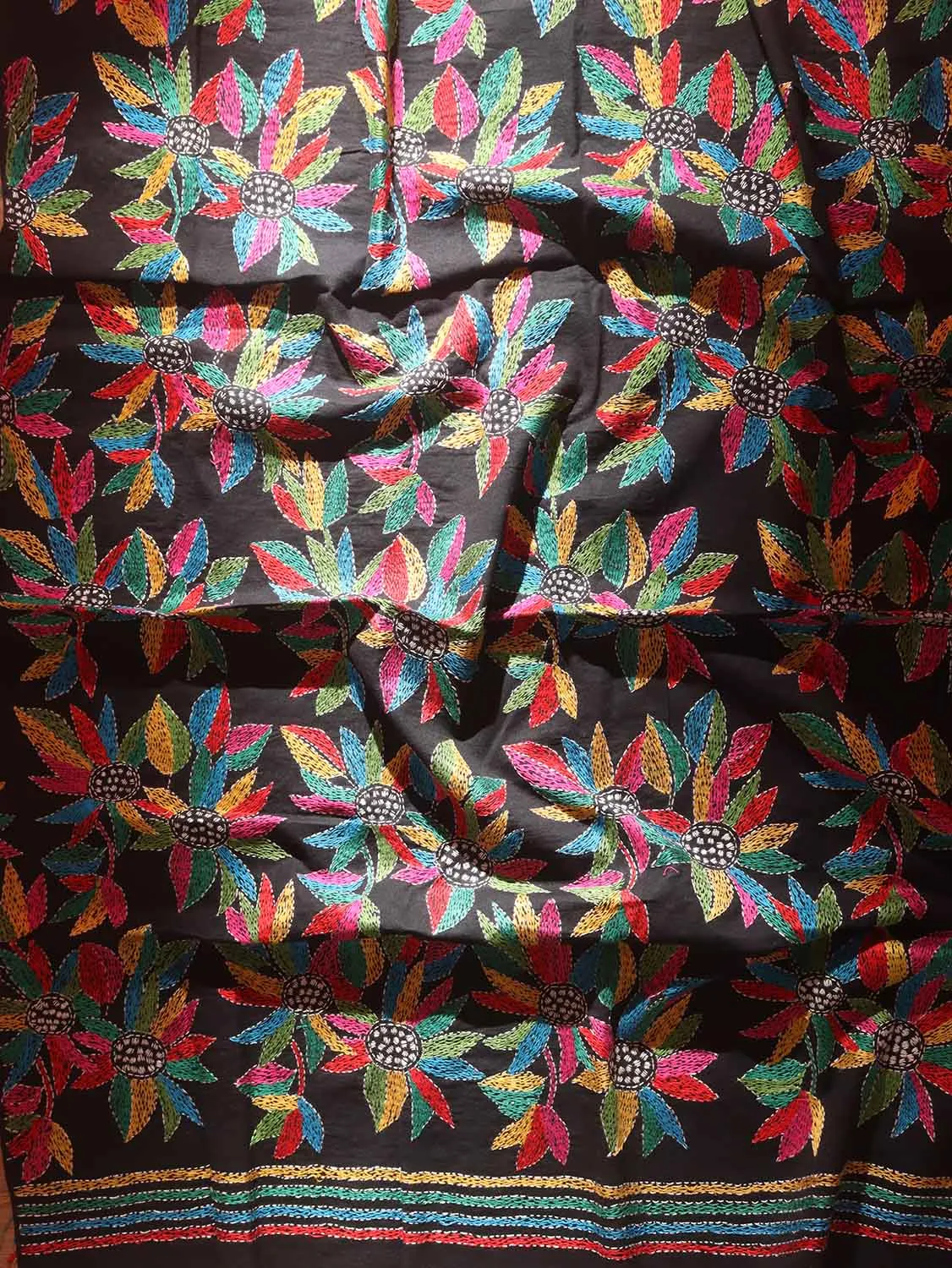 Black Embroidered Kantha Cotton Blouse Piece Fabric ( 1 Mtr )