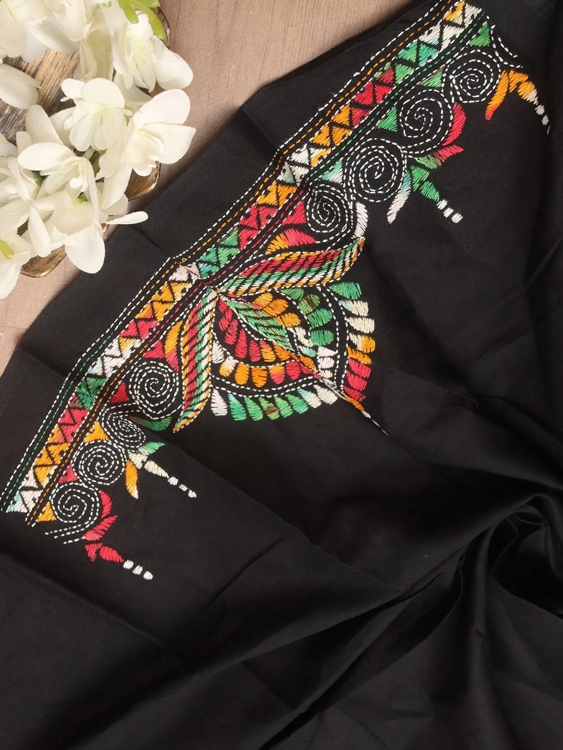 Black Embroidered Kantha Cotton Blouse Piece Fabric ( 1 Mtr )