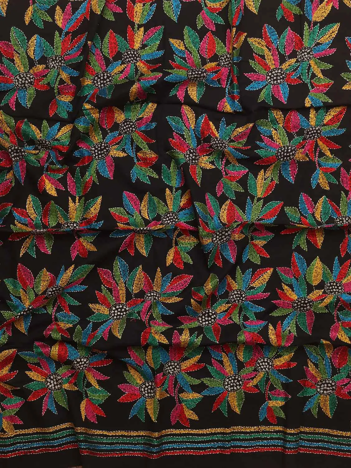 Black Embroidered Kantha Cotton Blouse Piece Fabric ( 1 Mtr )