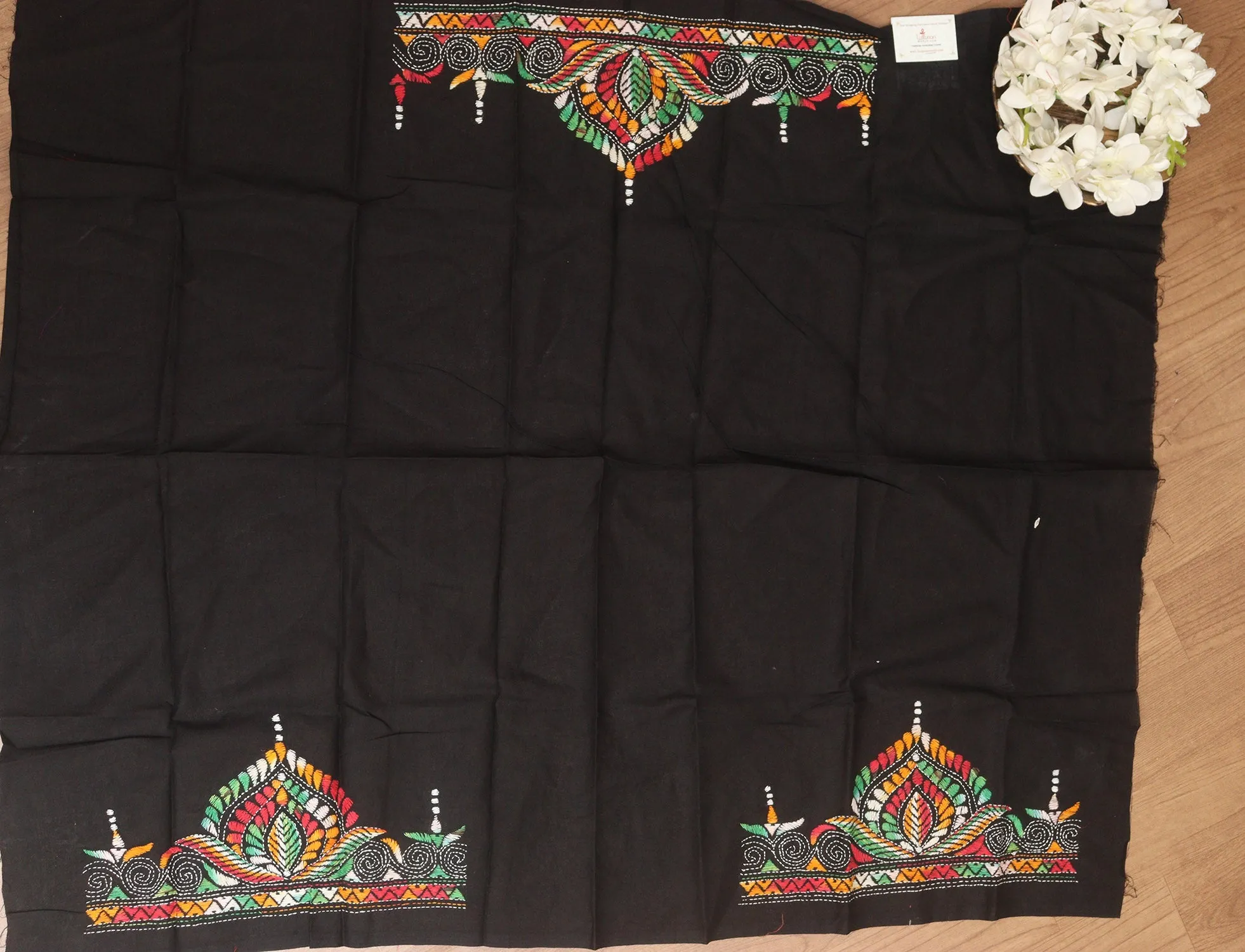 Black Embroidered Kantha Cotton Blouse Piece Fabric ( 1 Mtr )