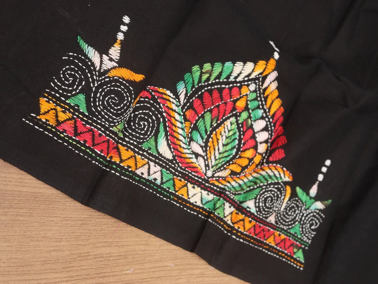 Black Embroidered Kantha Cotton Blouse Piece Fabric ( 1 Mtr )