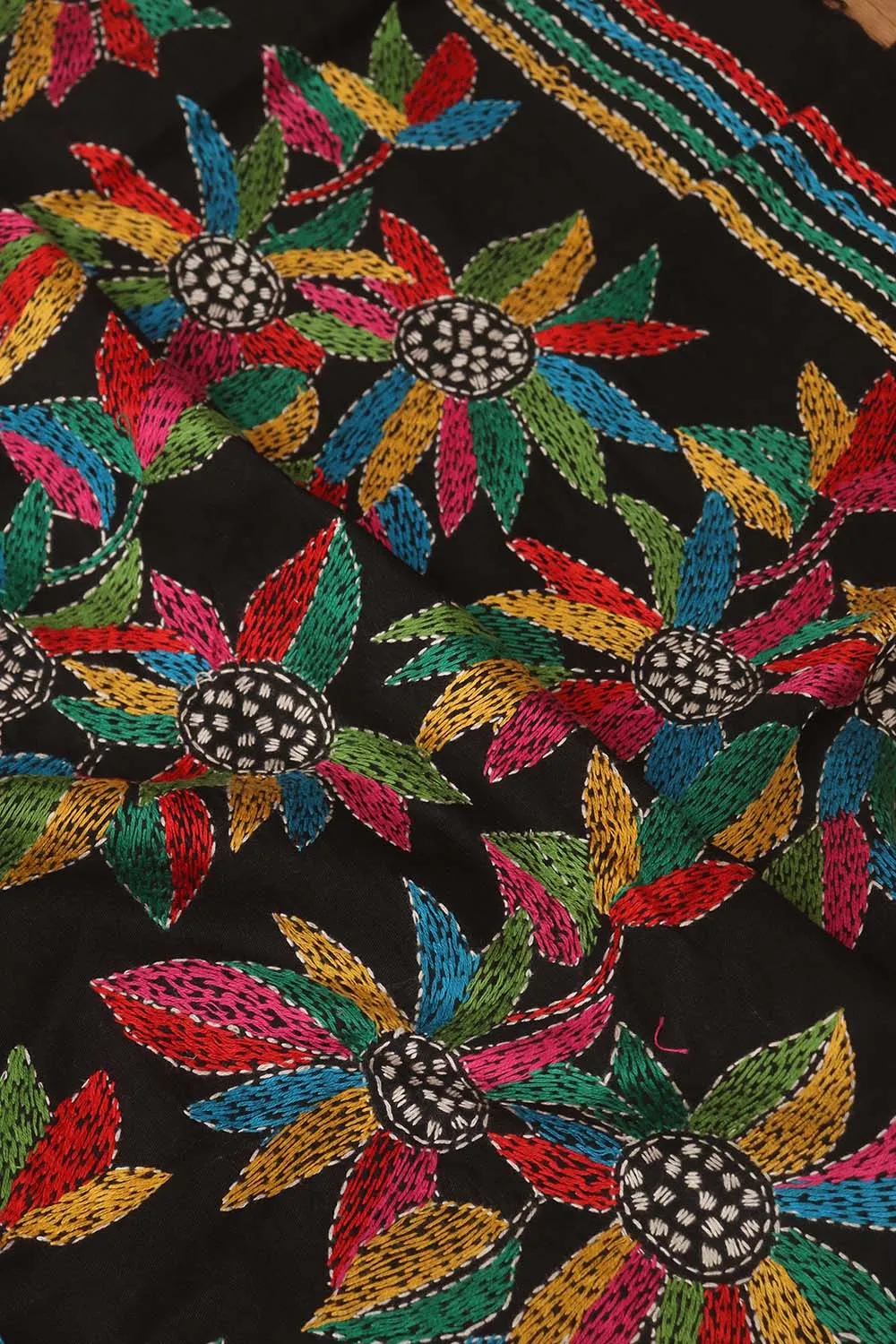 Black Embroidered Kantha Cotton Blouse Piece Fabric ( 1 Mtr )