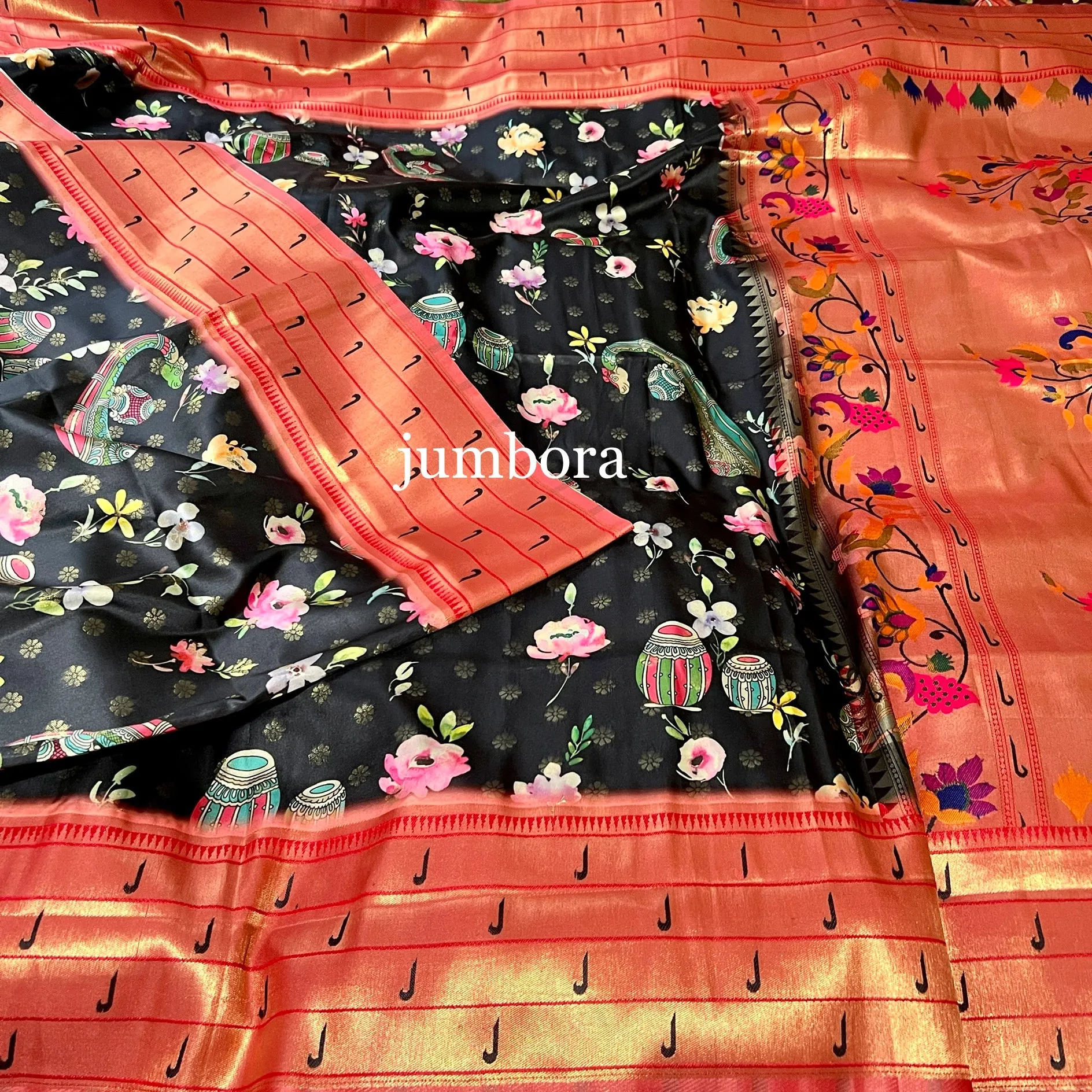Black Kalamkari Digital Print Paithani Weaving Soft Silk saree with stitched blouse