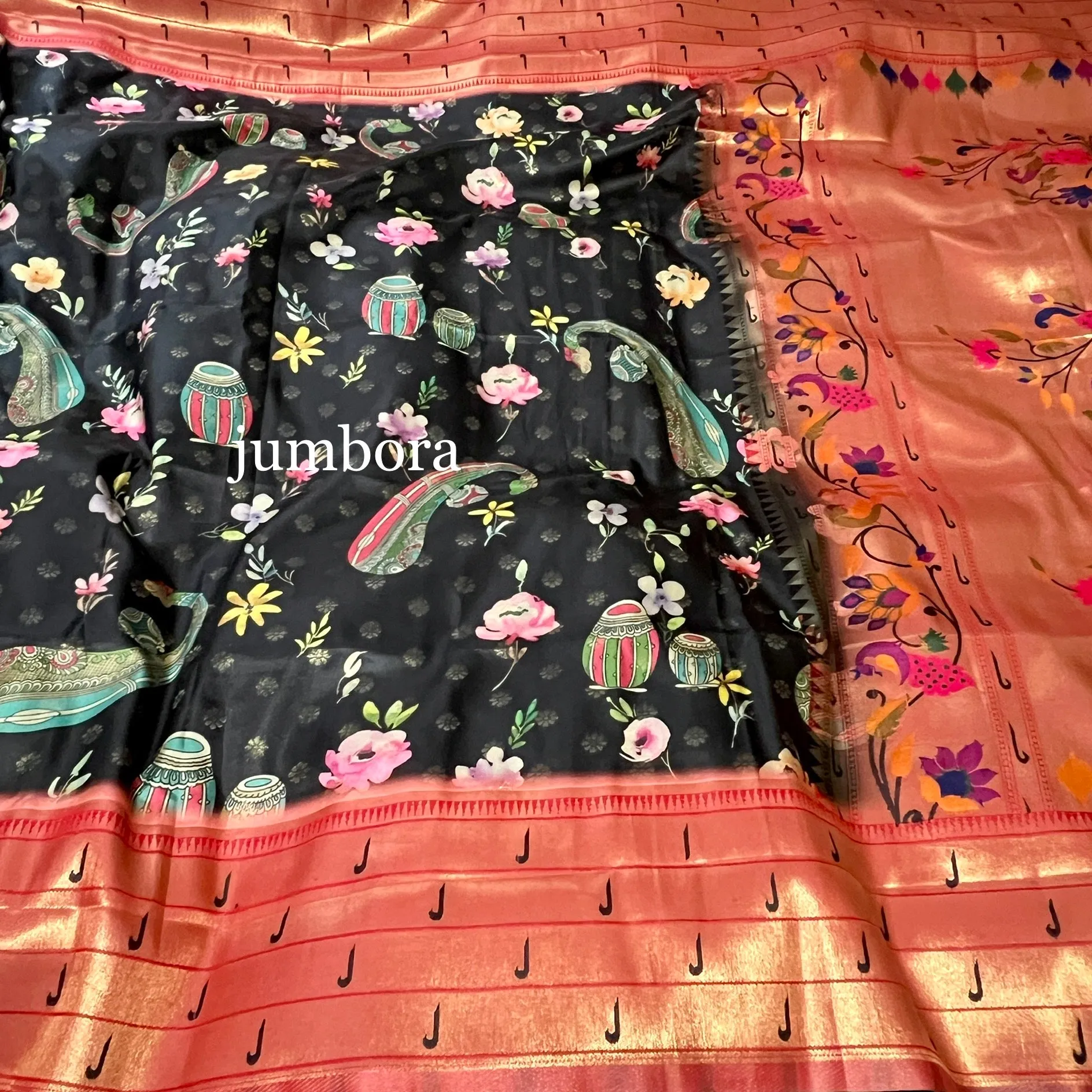 Black Kalamkari Digital Print Paithani Weaving Soft Silk saree with stitched blouse