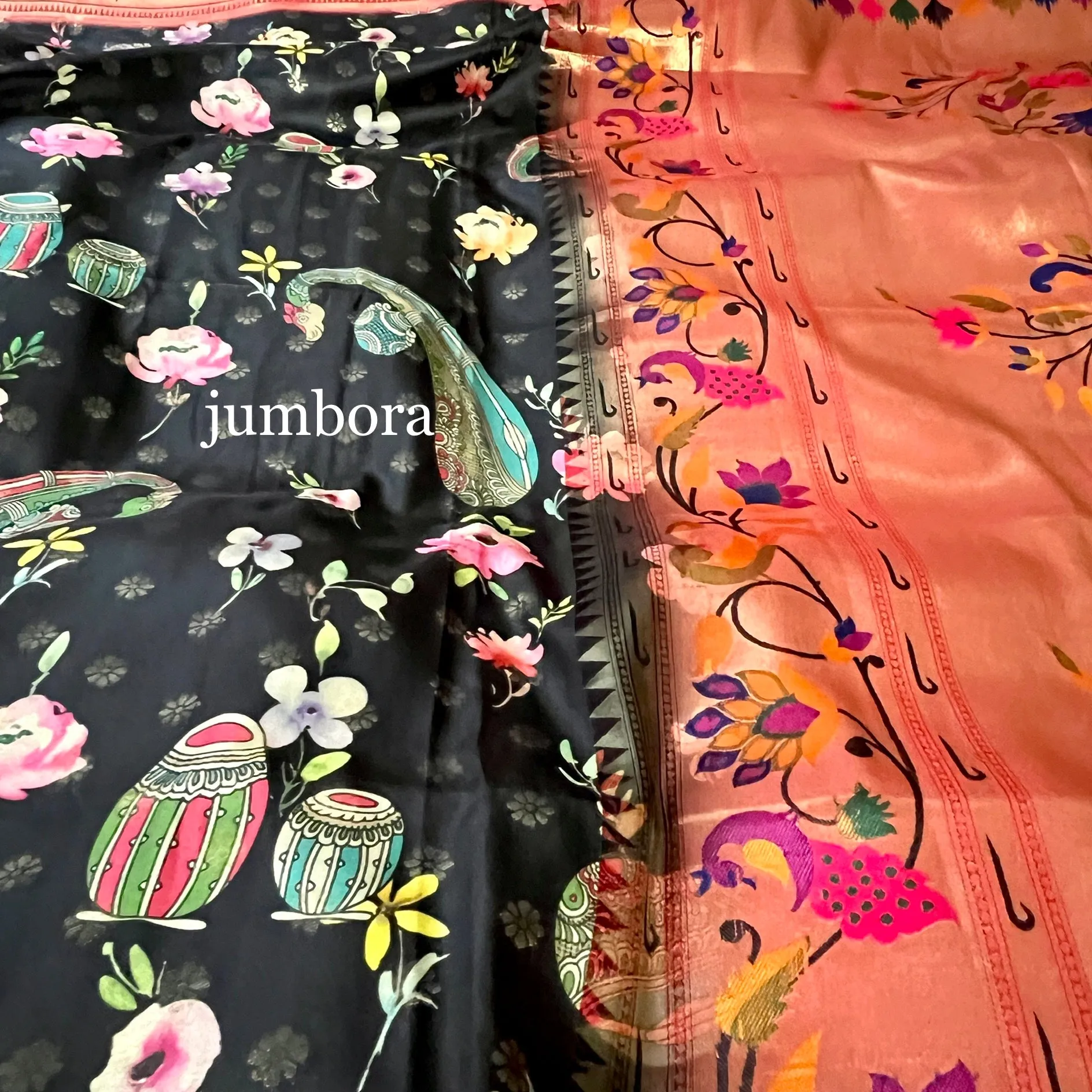 Black Kalamkari Digital Print Paithani Weaving Soft Silk saree with stitched blouse