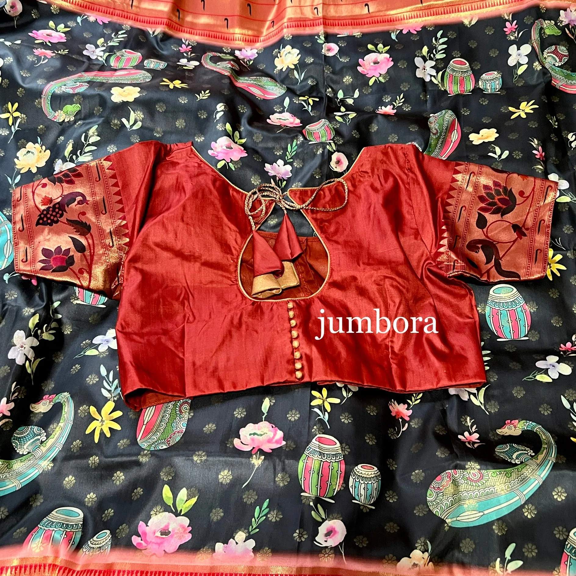 Black Kalamkari Digital Print Paithani Weaving Soft Silk saree with stitched blouse