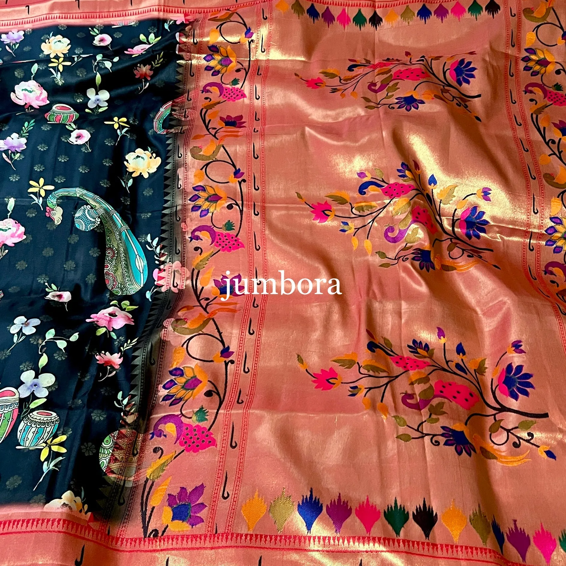 Black Kalamkari Digital Print Paithani Weaving Soft Silk saree with stitched blouse