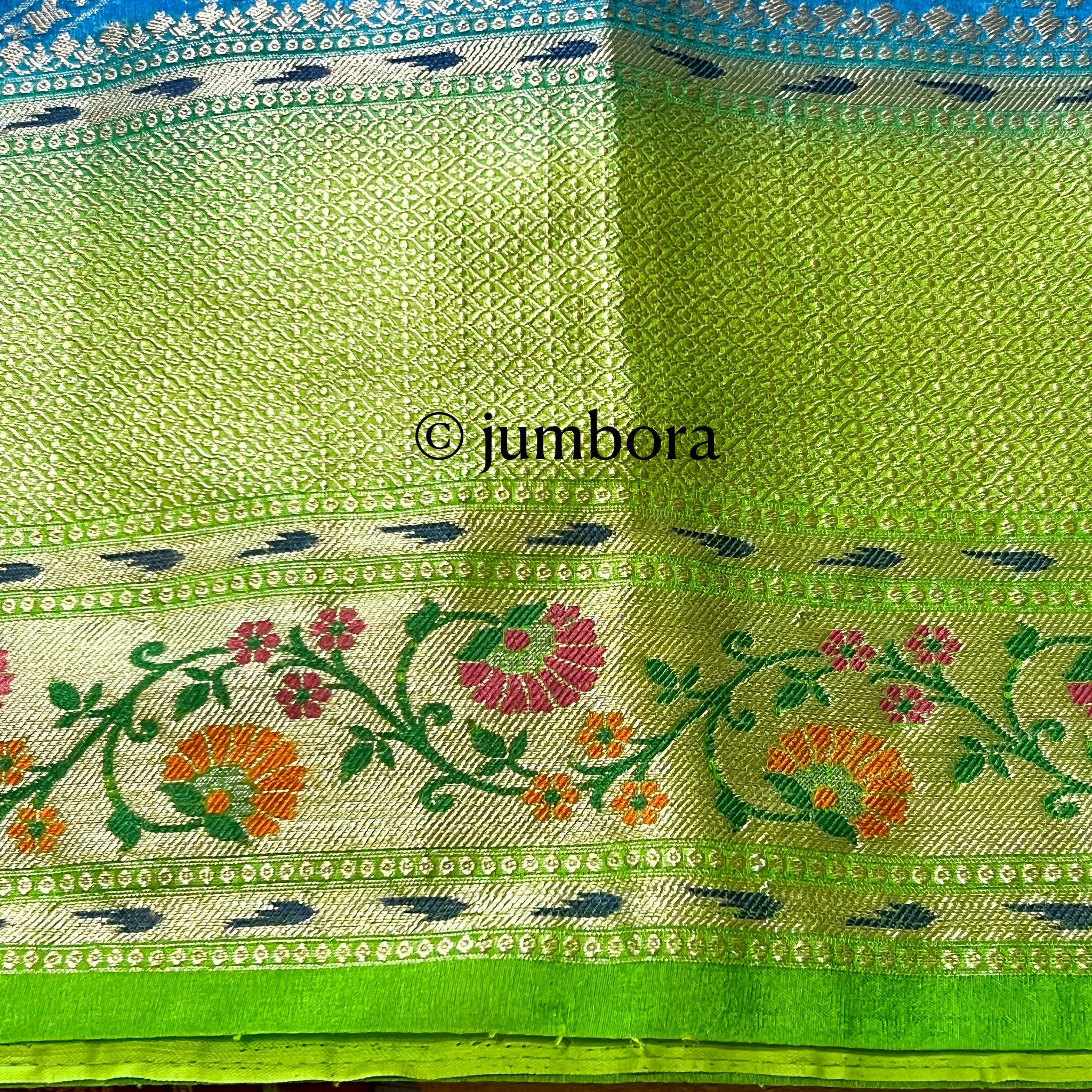 Blue & Parrot Green Banarasi Dupion Silk Saree with Stitched Blouse