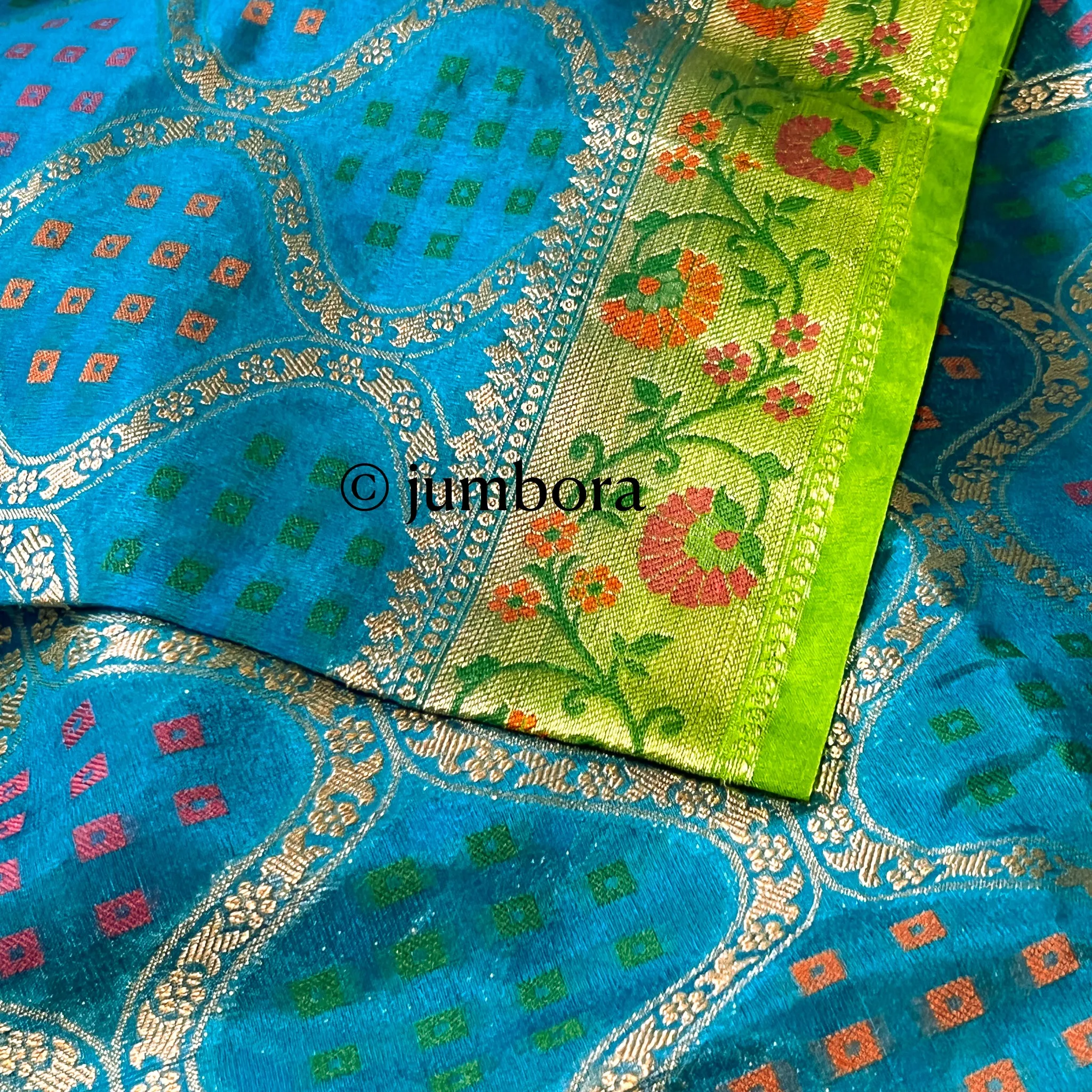 Blue & Parrot Green Banarasi Dupion Silk Saree with Stitched Blouse