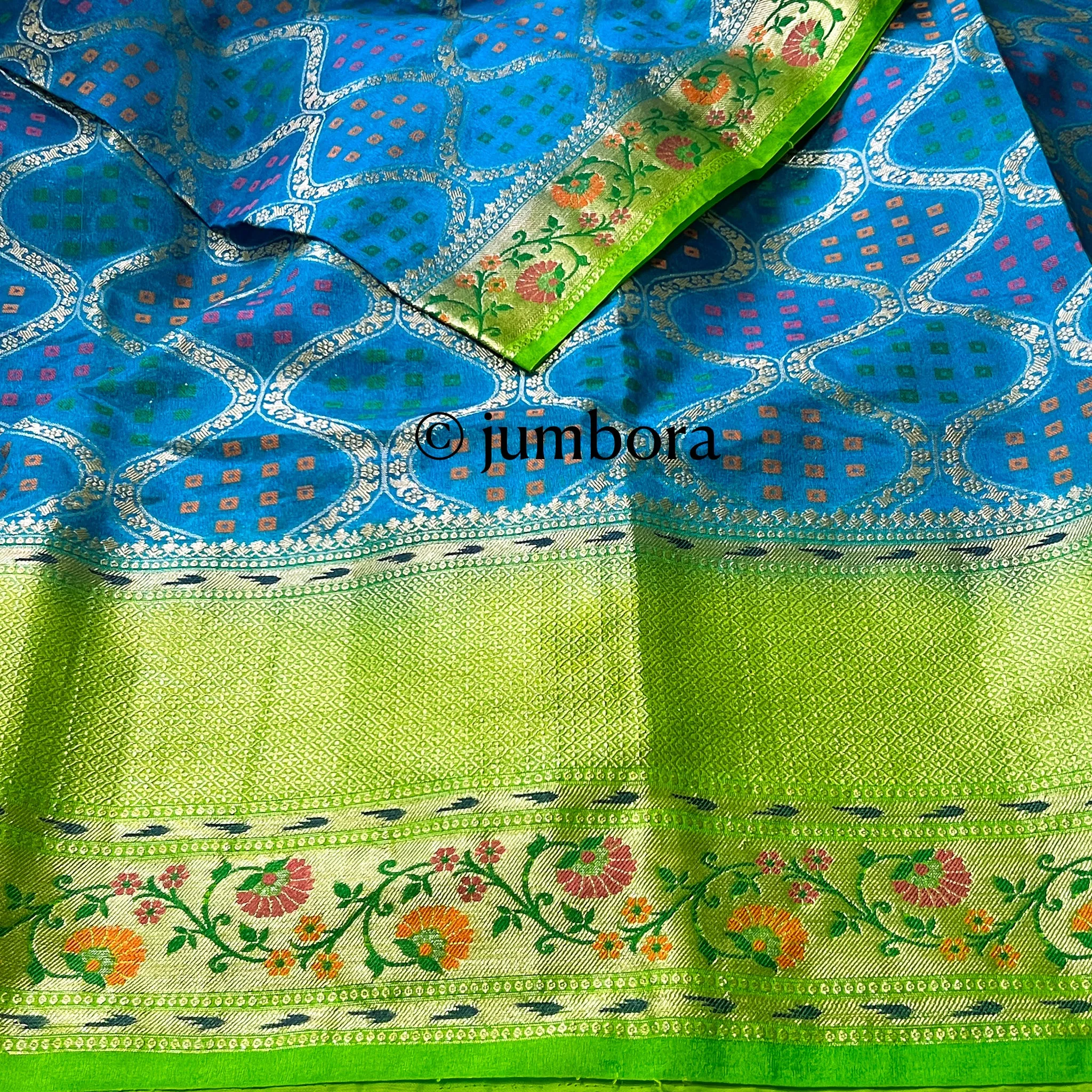 Blue & Parrot Green Banarasi Dupion Silk Saree with Stitched Blouse