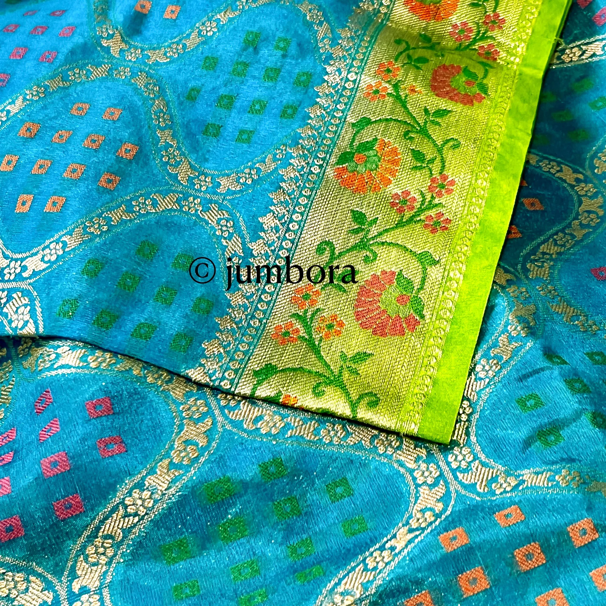 Blue & Parrot Green Banarasi Dupion Silk Saree with Stitched Blouse