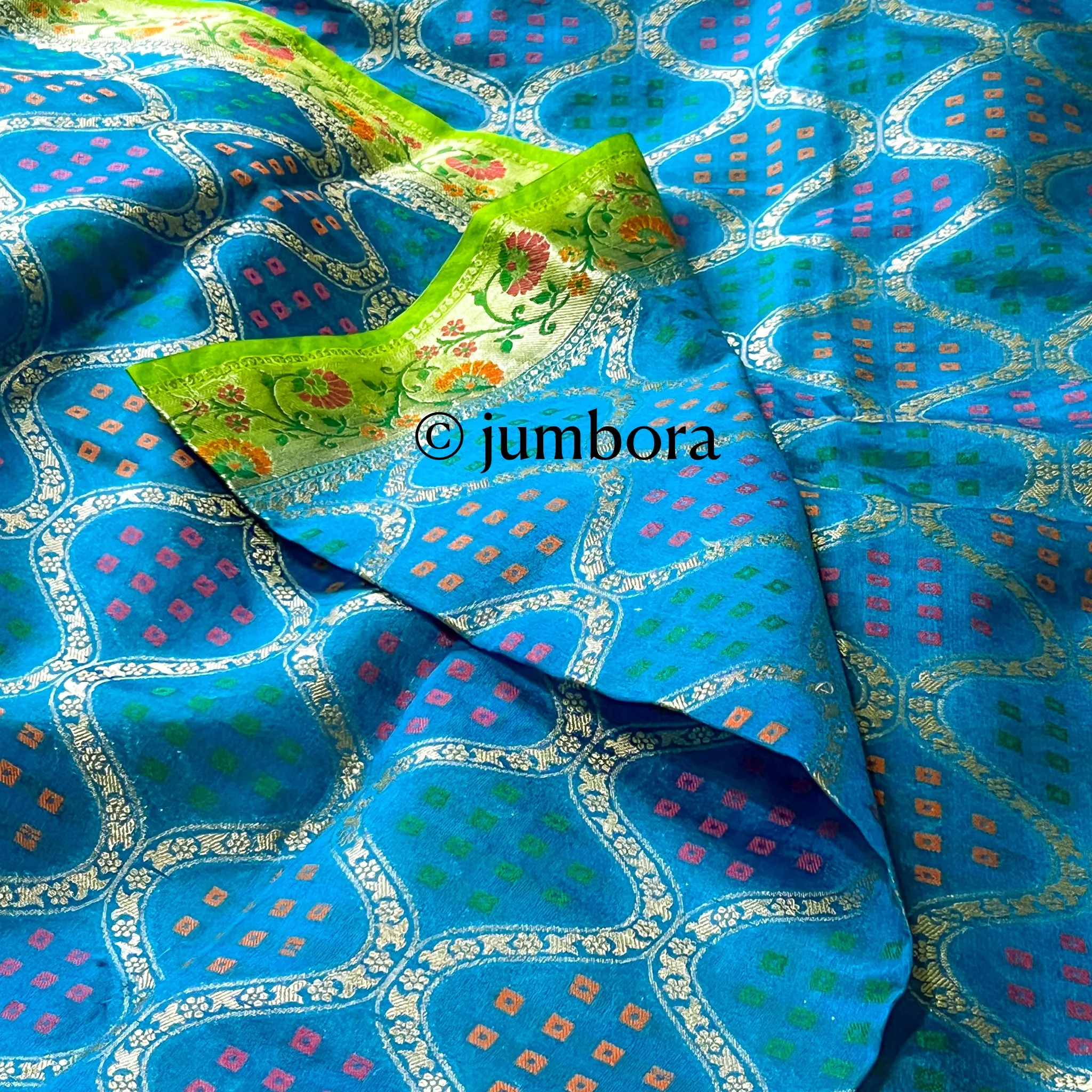 Blue & Parrot Green Banarasi Dupion Silk Saree with Stitched Blouse