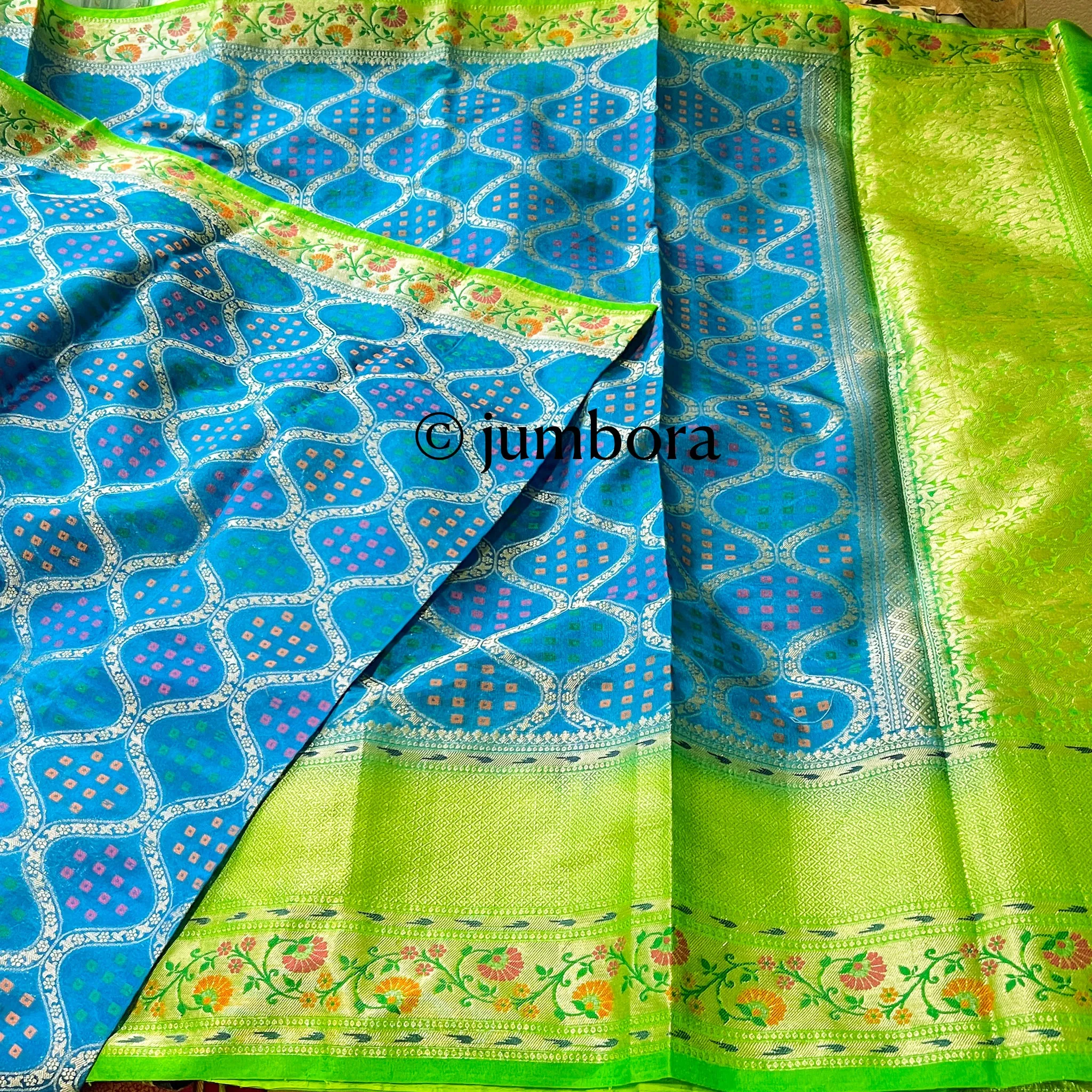 Blue & Parrot Green Banarasi Dupion Silk Saree with Stitched Blouse