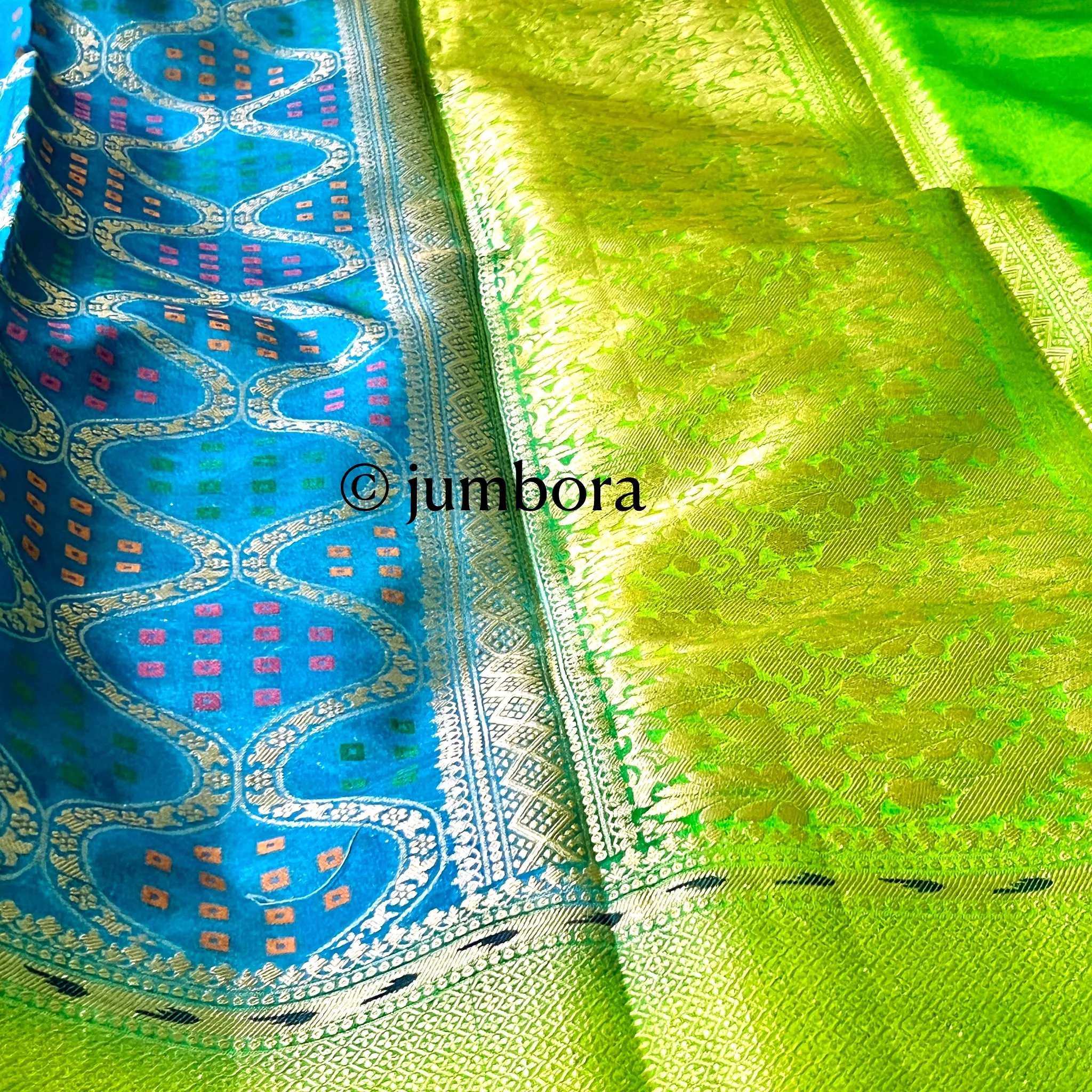 Blue & Parrot Green Banarasi Dupion Silk Saree with Stitched Blouse