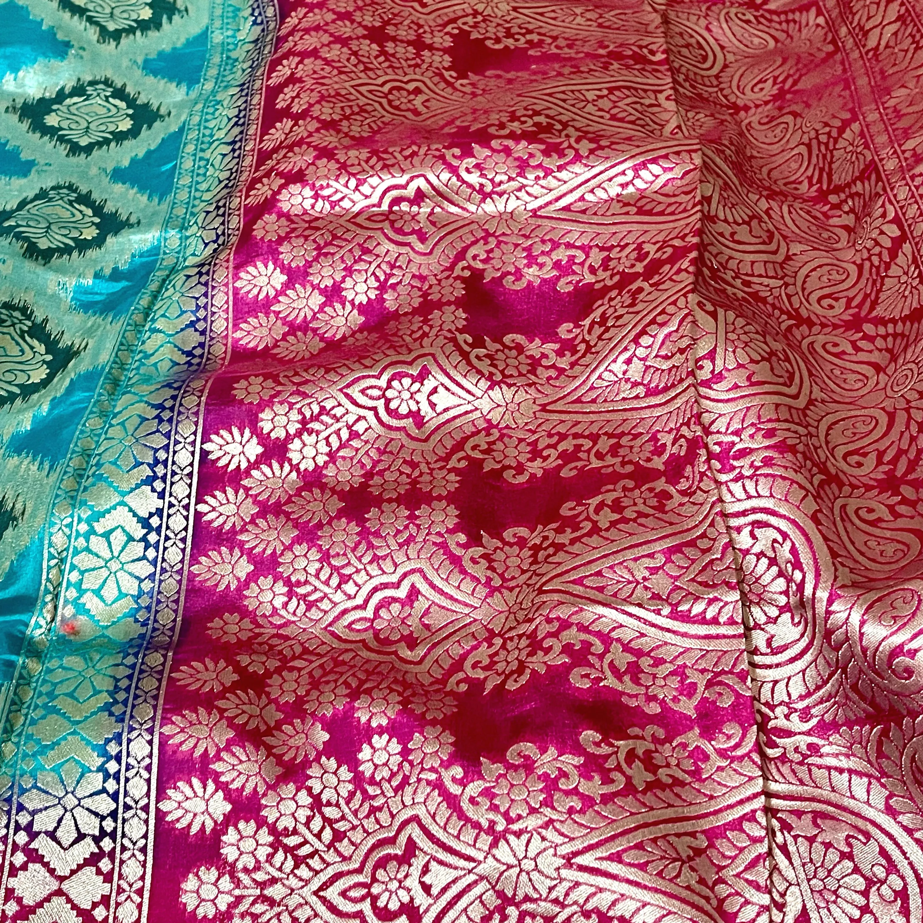 Blue & Pink Banarasi Jute silk saree with stitched blouse