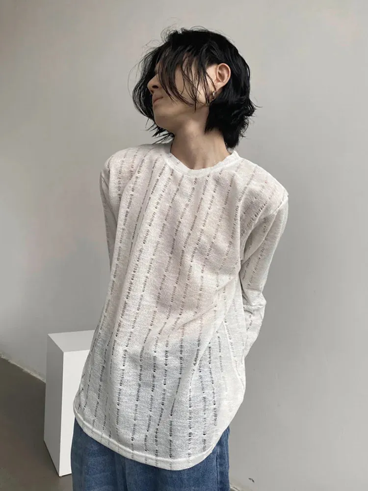 Bonsir -  Hollow Personalized Design Korean Style Men's Casual Long-sleeved T-shirt New Solid Color Loose Top 2A1821