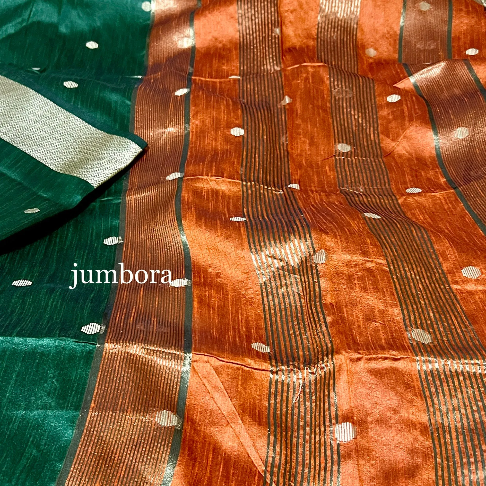 Bottle Green & Orange Jute Gicha Silk Saree