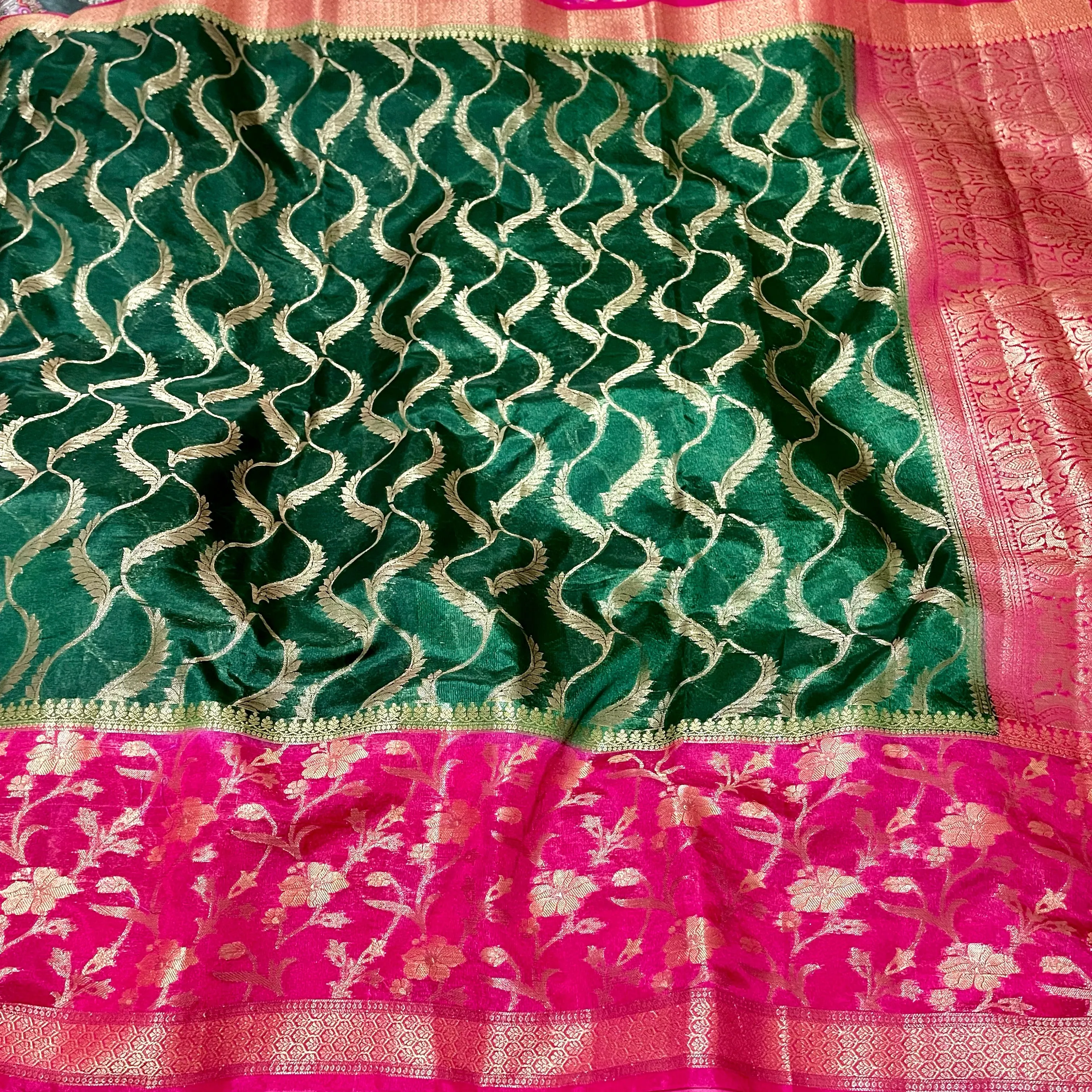 Bottle Green & Pink Designer Dupion Silk saree with blouse