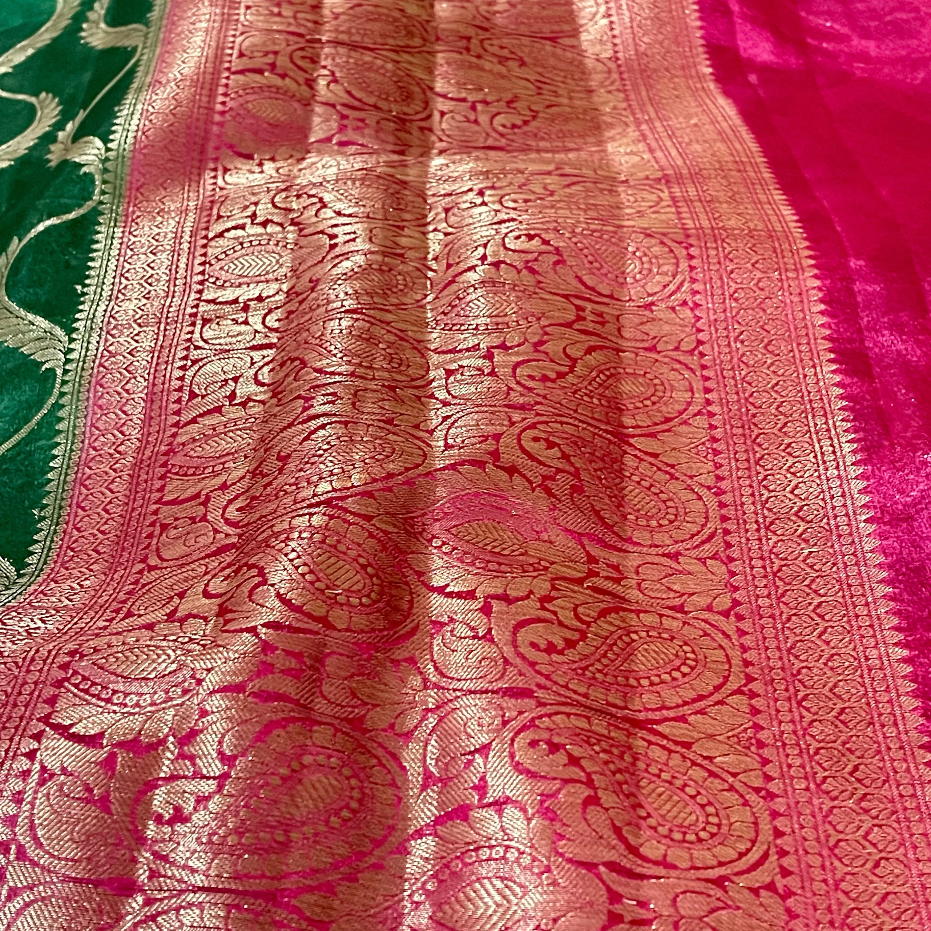Bottle Green & Pink Designer Dupion Silk saree with blouse
