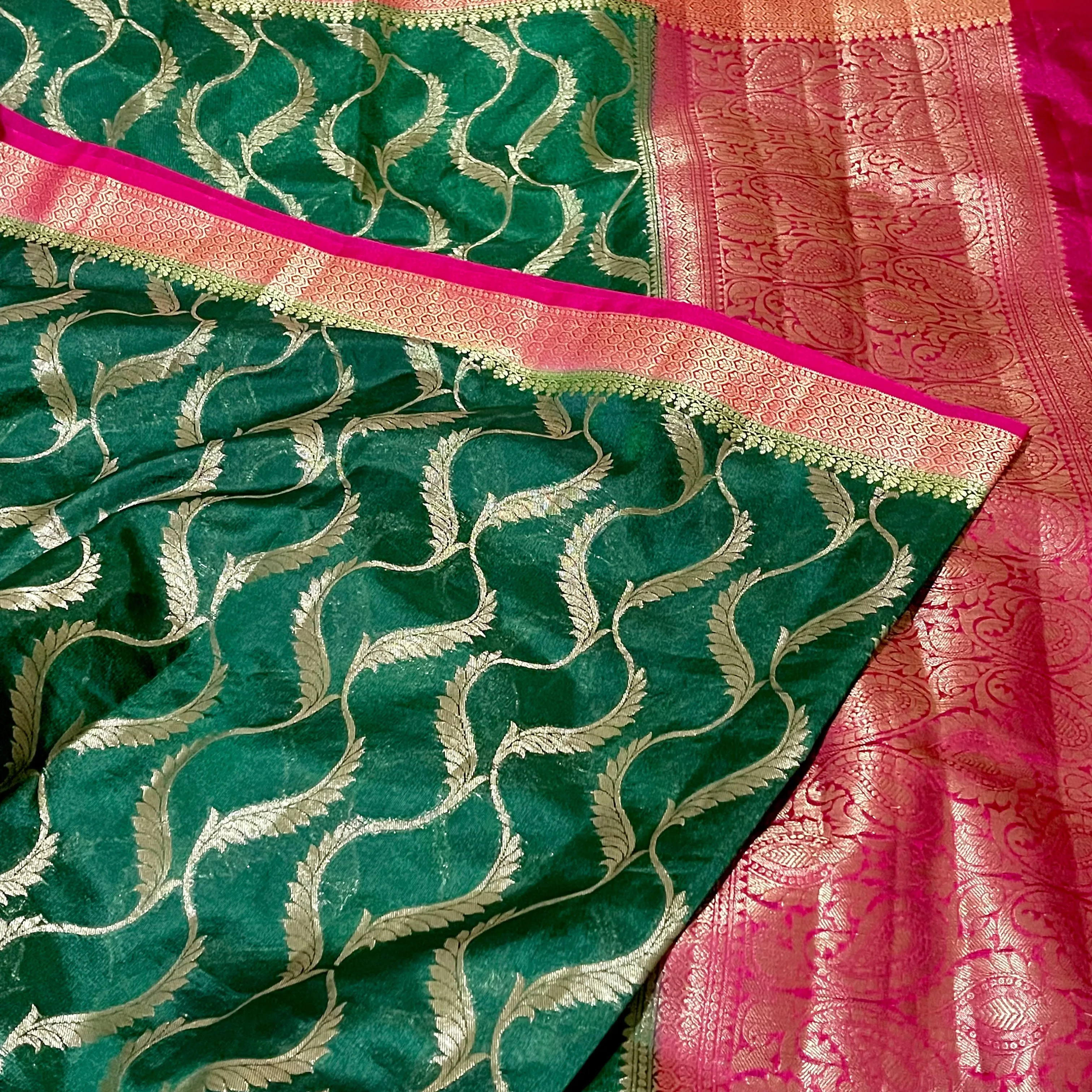 Bottle Green & Pink Designer Dupion Silk saree with blouse