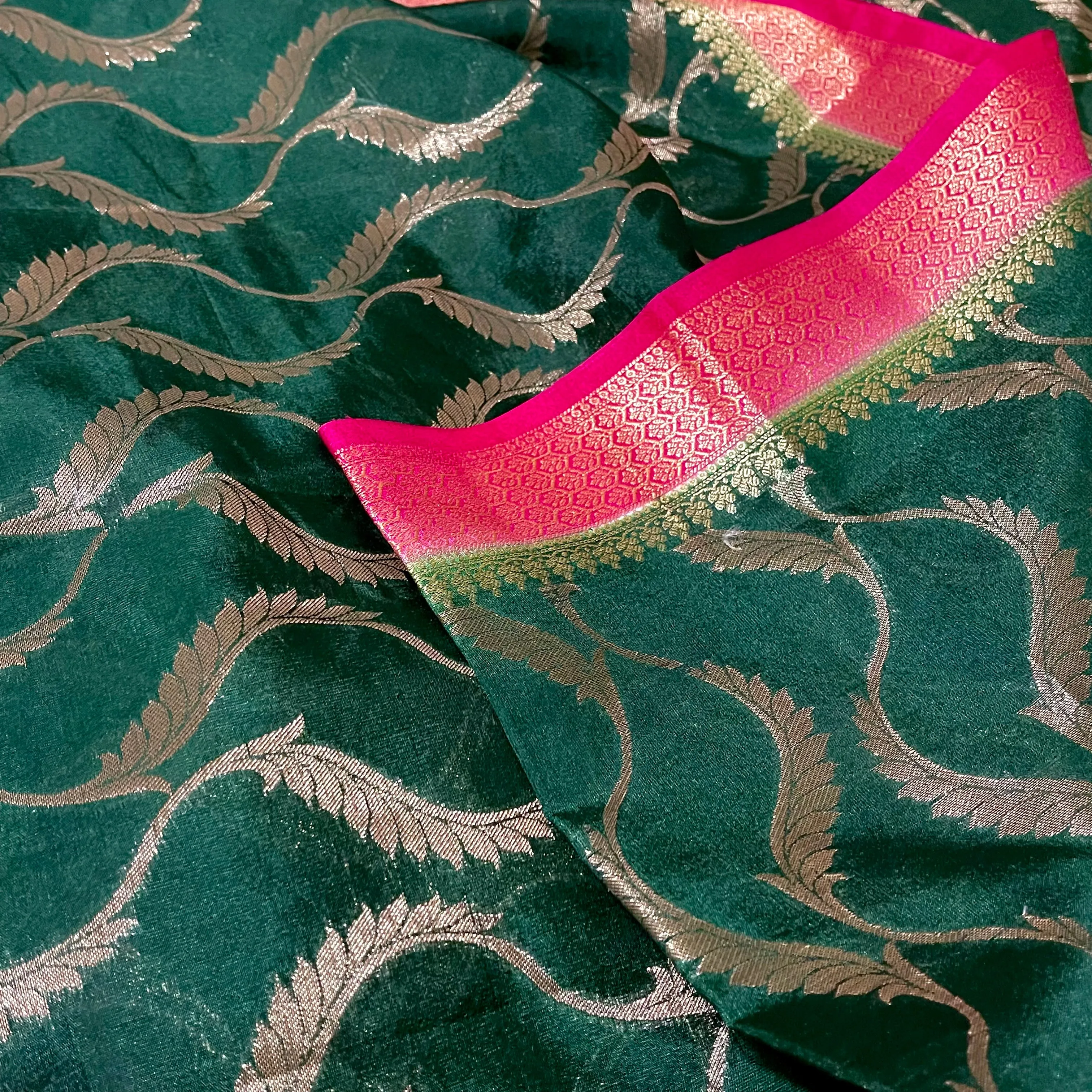 Bottle Green & Pink Designer Dupion Silk saree with blouse