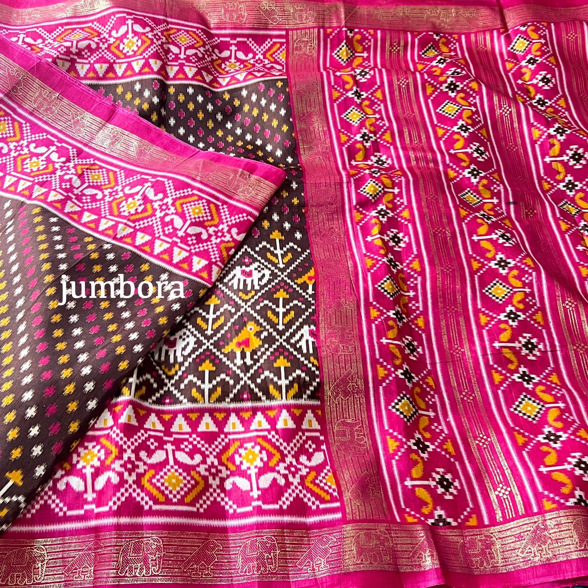 Brown & Pink Ikkat Pochampalli Soft Semi Silk Saree with Stitched Blouse