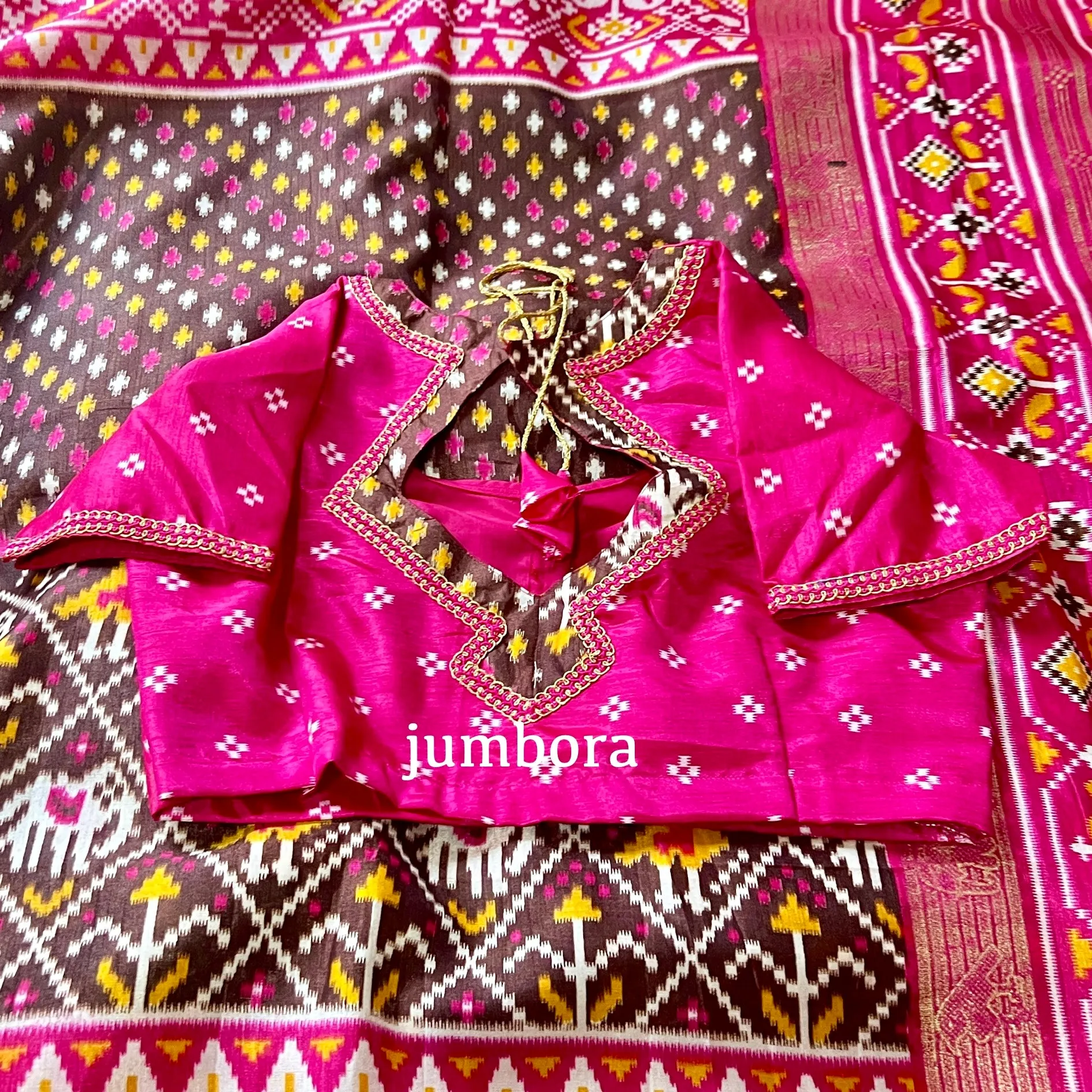 Brown & Pink Ikkat Pochampalli Soft Semi Silk Saree with Stitched Blouse