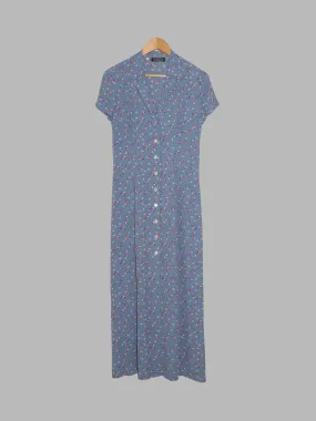 Cacharel 1990s blue viscose crepe floral print button front maxi dress - size 6