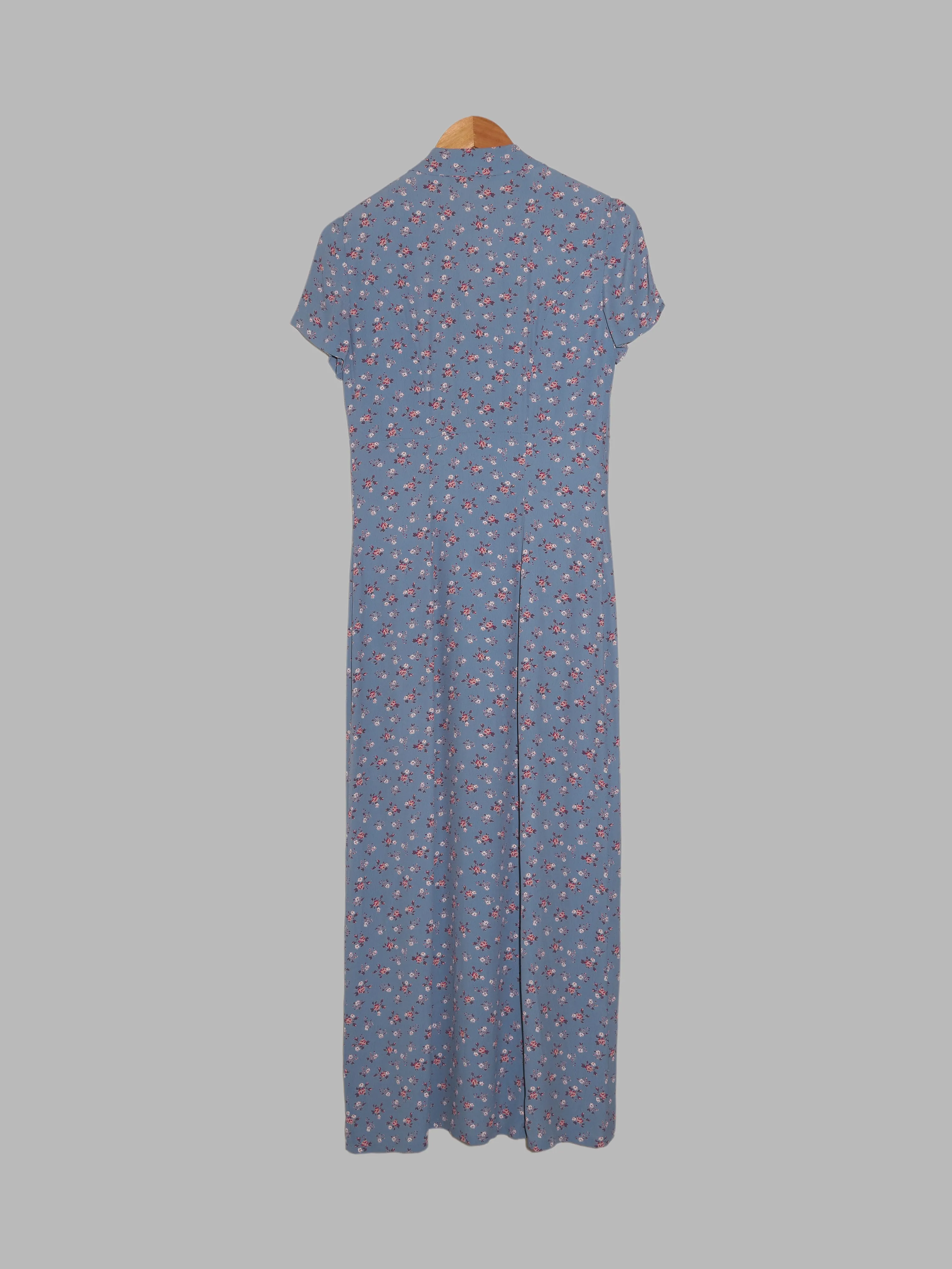 Cacharel 1990s blue viscose crepe floral print button front maxi dress - size 6