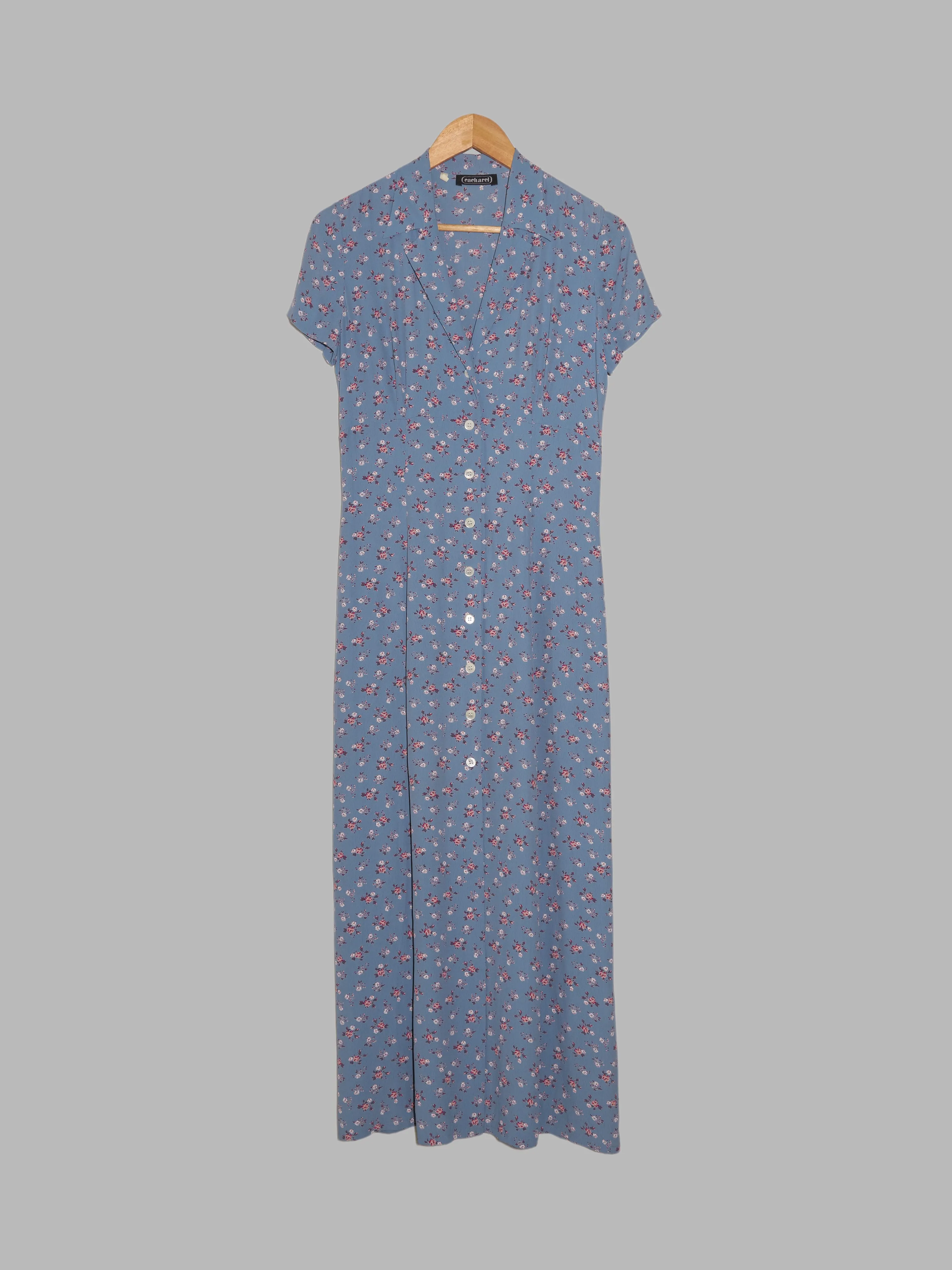 Cacharel 1990s blue viscose crepe floral print button front maxi dress - size 6